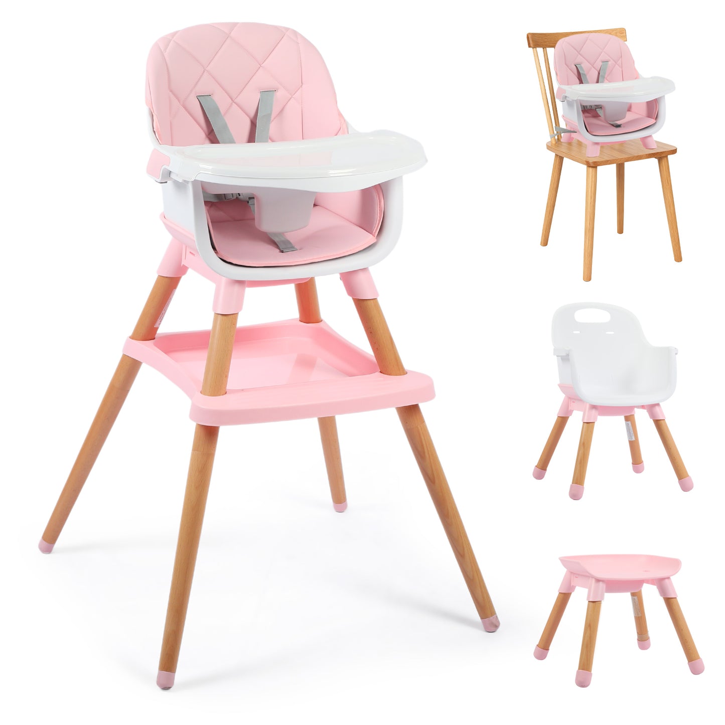 AILEEKISS 7 in 1 Wooden Baby High Chair for Toddler, Infant Feeding Chair with Removable Tray, Pink