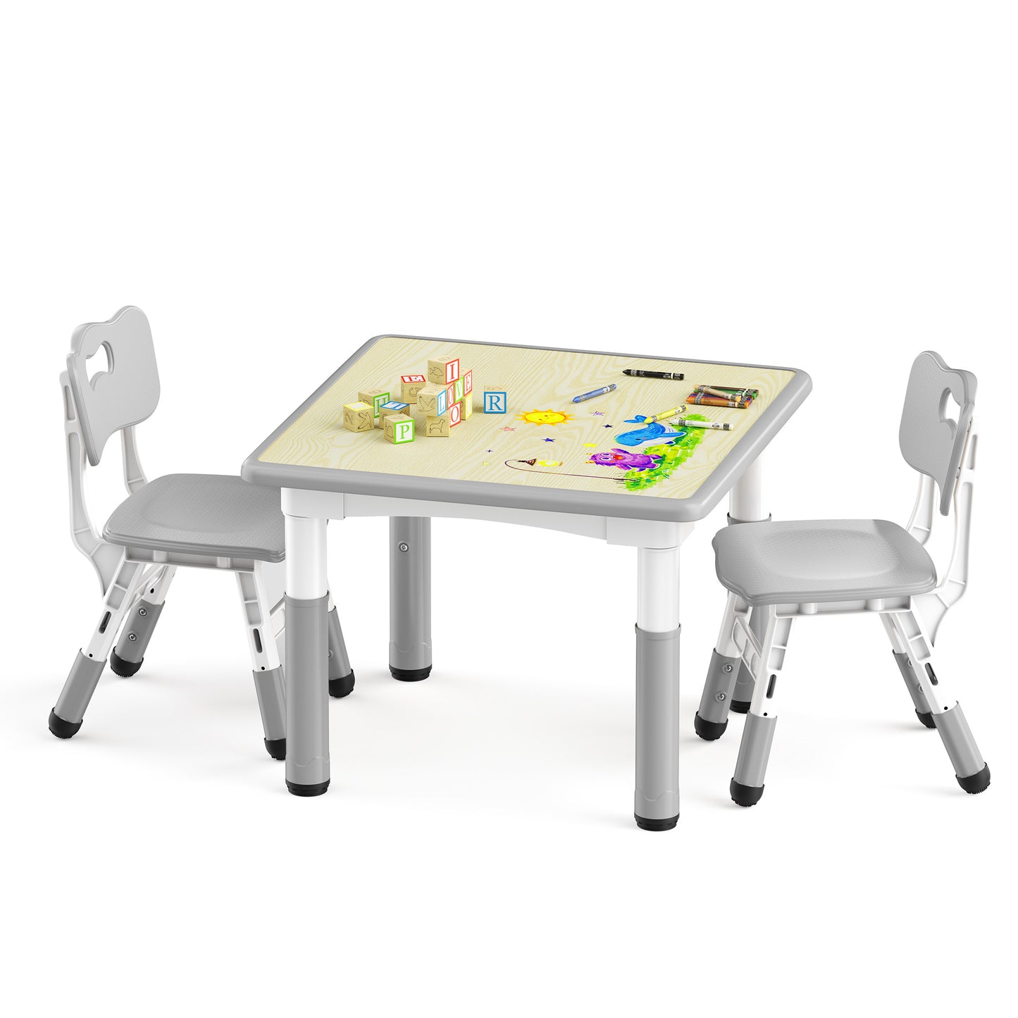 LINLUX Kids Table and 2 Chairs Set, Height Adjustable Table & Chairs, Activity Table for Toddlers, Gray