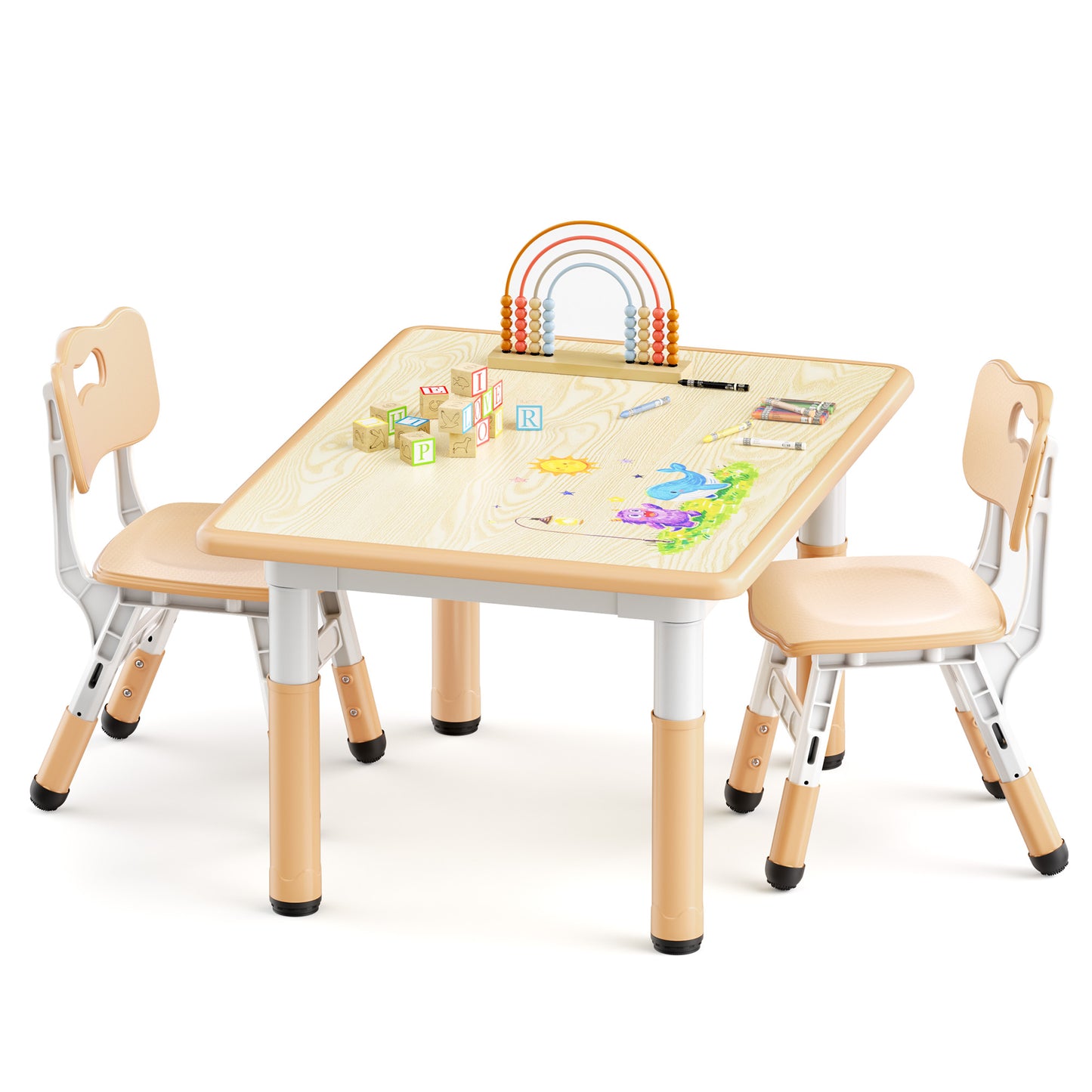 LINLUX Kids Table and 2 Chairs Set, Height Adjustable Table & Chairs, Spacious Activity Table for Toddlers, Khaki