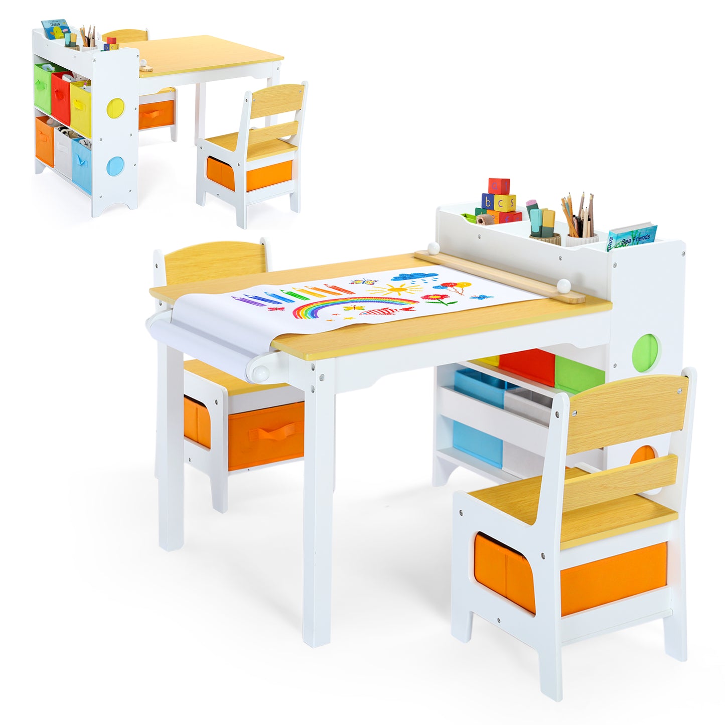 LINLUX Kids Art Table w/Easel, Kids Craft Table & Chair Set for Drawing, Child Activity Table, Natural
