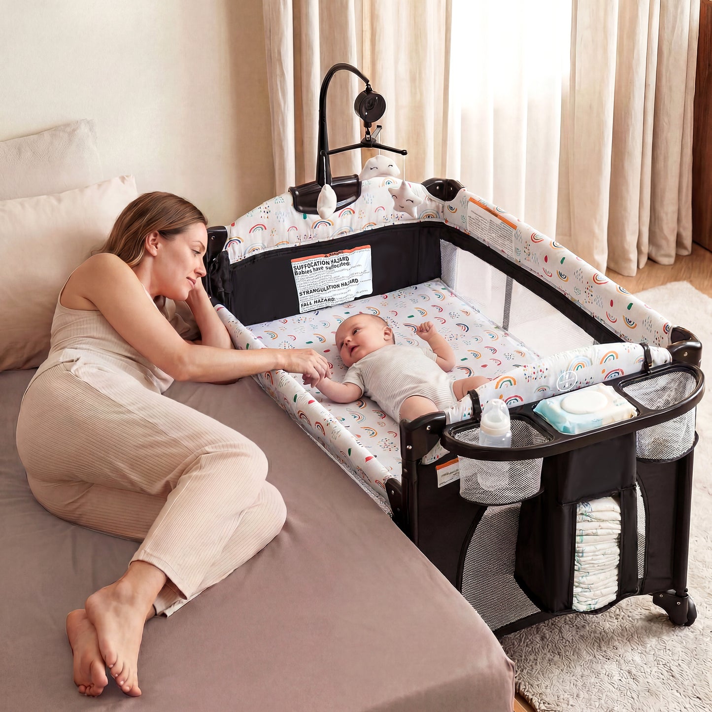 LINLUX Foldable Baby Bedside Crib Bassinet, Infant Pack and Play Playard, Newborn Playpen Changing Table, Multicolor