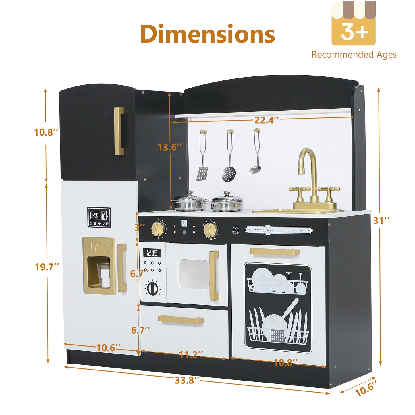 AILEEKISS Wood Kids Play Kitchen, Pretend Kitchen Playset for Children Age 3 Years up, Black
