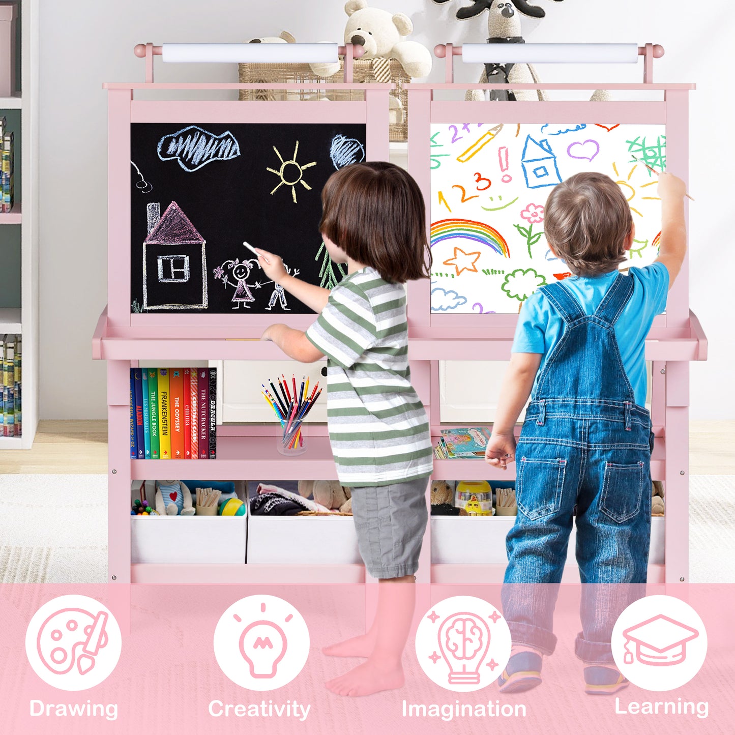 LINLUX 3 in 1 Kids Art Easel Drawing Board Double-Sided Whiteboard Chalkboard, Pink