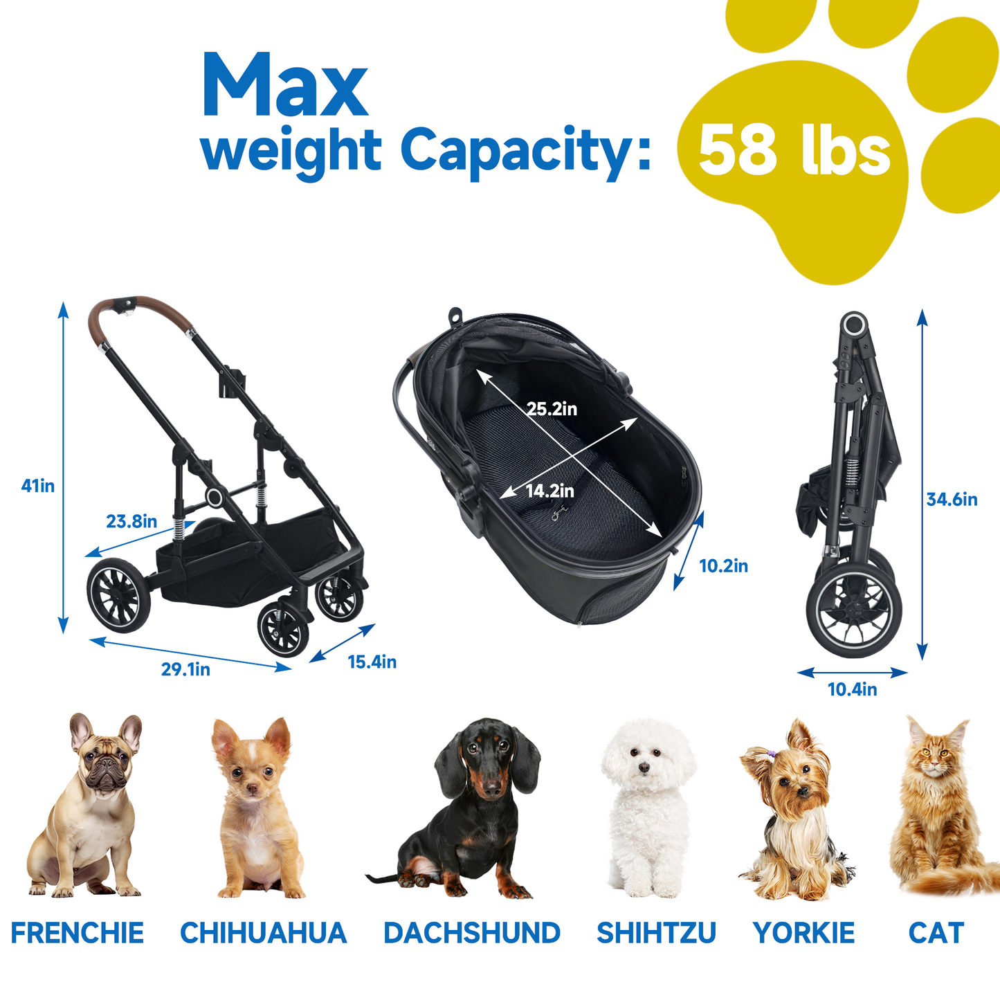 AILEEKISS 4-Wheeled Pet Stroller, Folding Cat and Dog Stroller with Brake, Up to 58 LBS, Black