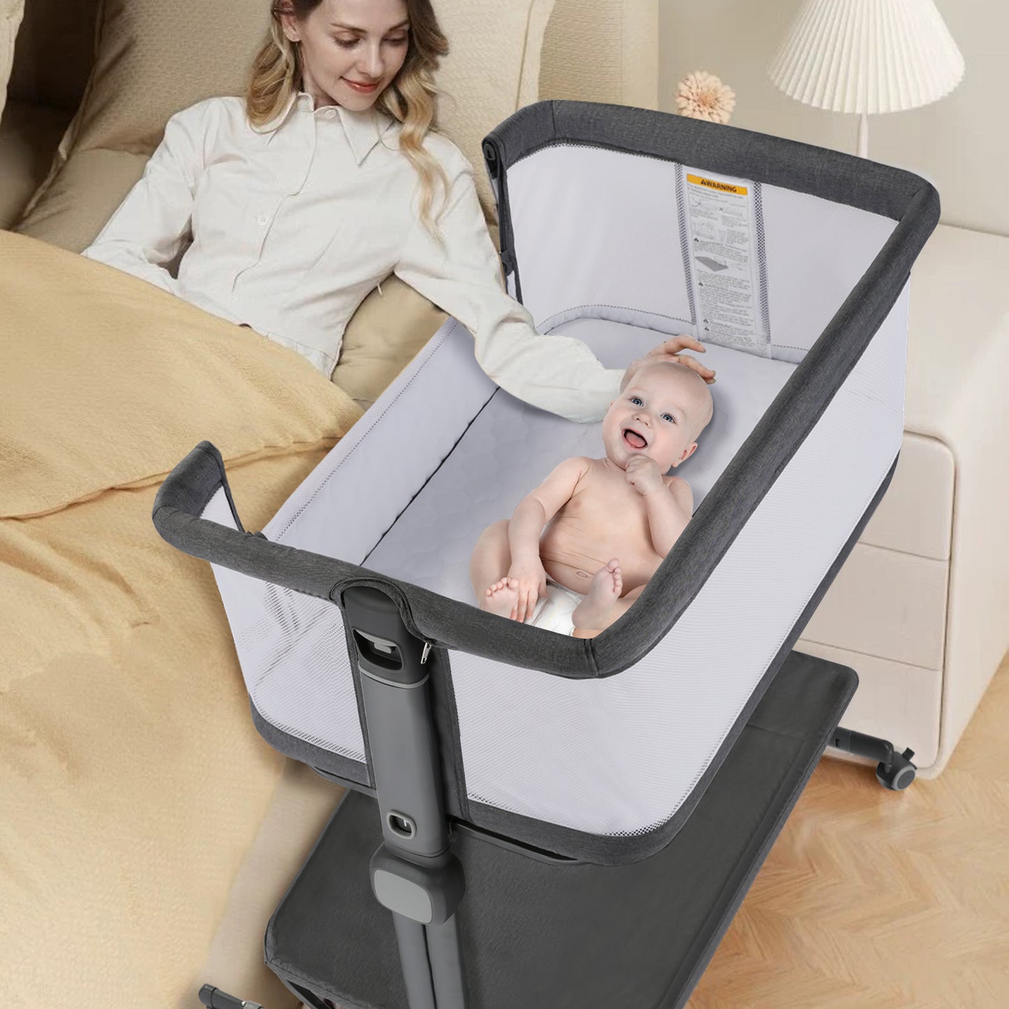 Baby Bassinet Bedside Sleeper with Wheels, Newborn Baby Cribs w/Storage Basket, Grey