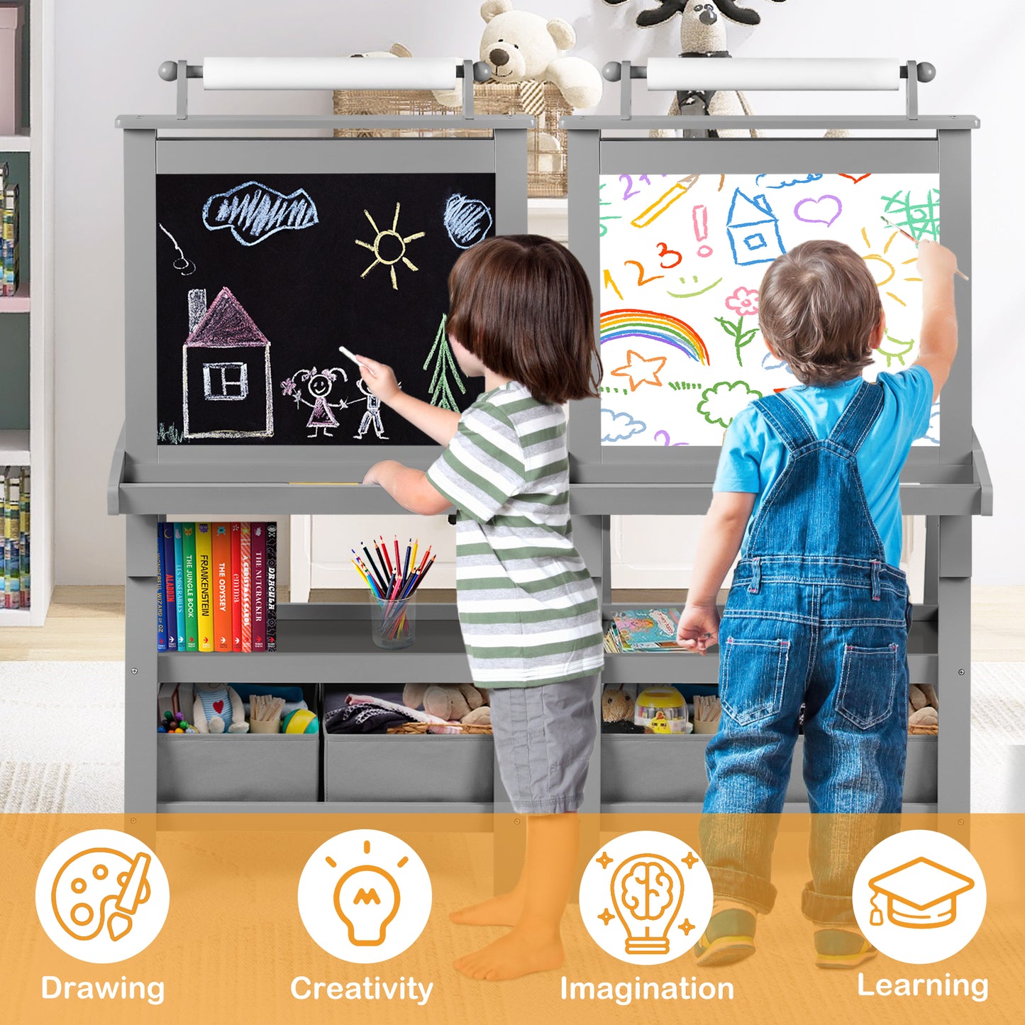 LINLUX 3 in 1 Art Easel for Kid, Whiteboard for Kid with Stand, Magnetic Chalkboard Pizarra, Grey