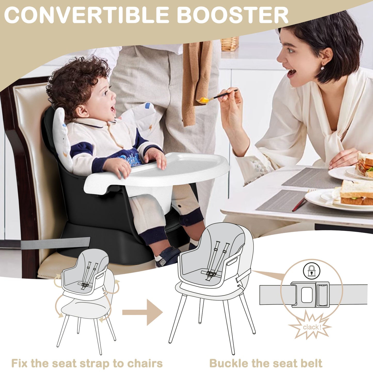 8 in 1 Baby High Chair, Toddler Dining Booster Seat for Eating, Black