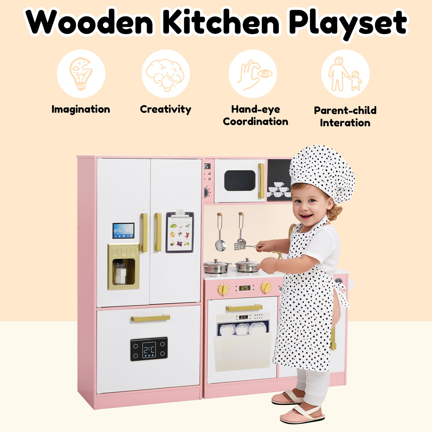 AILEEKISS Wood Kids Play Kitchen, Pretend Kitchen Playset for Children Age 3 Years up, Pink