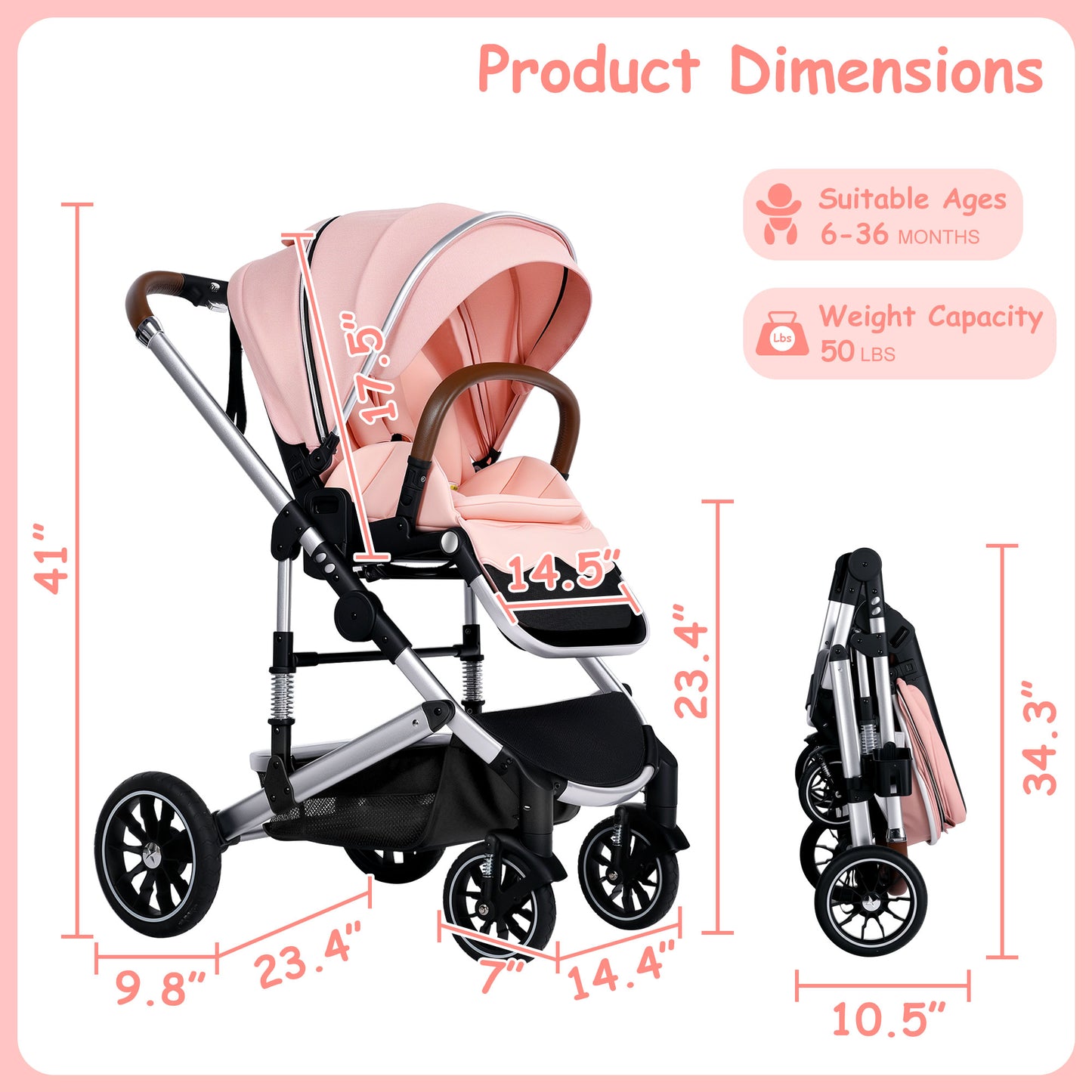 AILEEKISS Convertible Baby Stroller Folding Stroller for Toddler & Unisex Infant Carriage, Pink