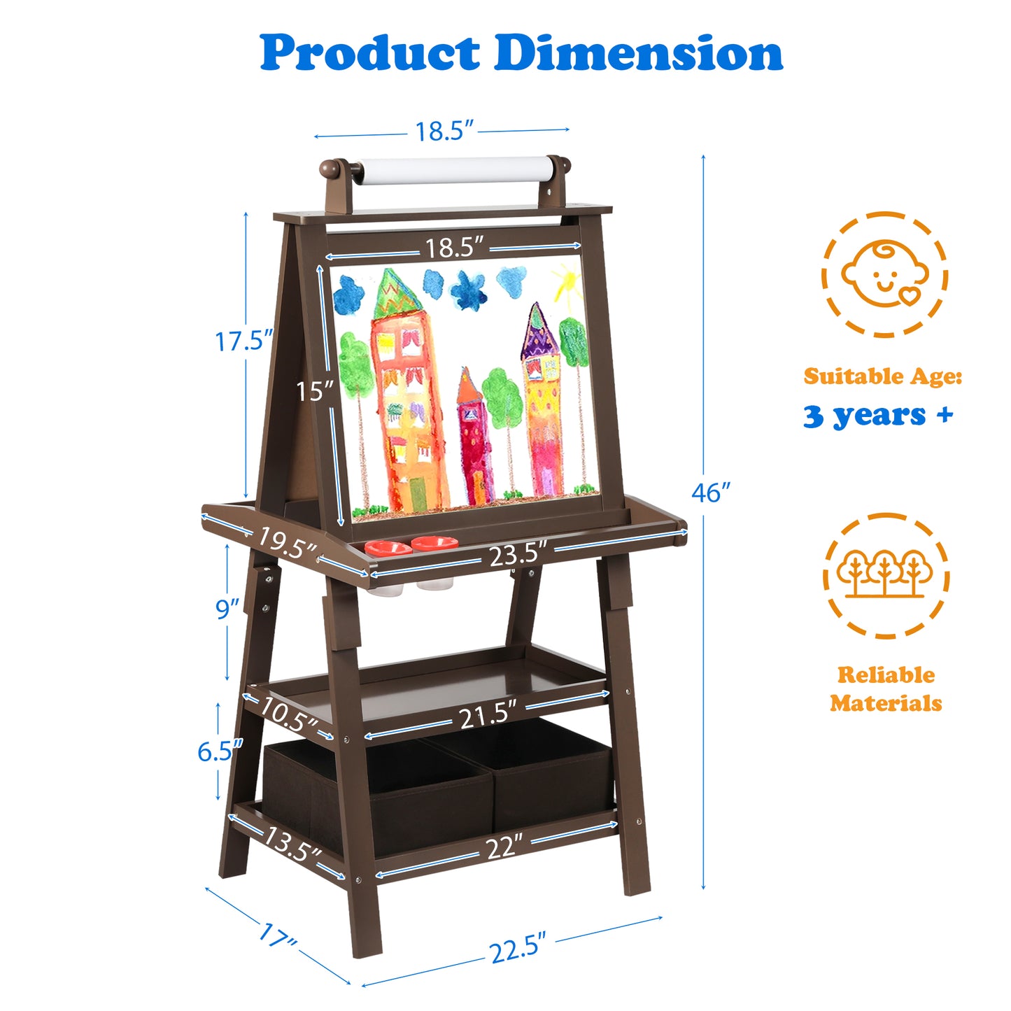 3 in 1 Kids Art Easel Double-Sided Magnetic Whiteboard Chalkboard Paper Roller, Coffee