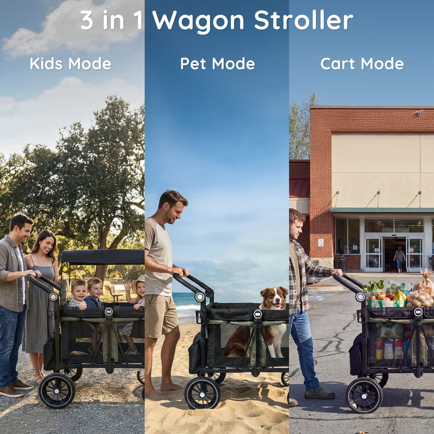 LINLUX 2 Kids Wagon Stroller, Foldable Outdoor 2-Seat Stroller Wagon, Removable Canopy, 55 Pound, Green