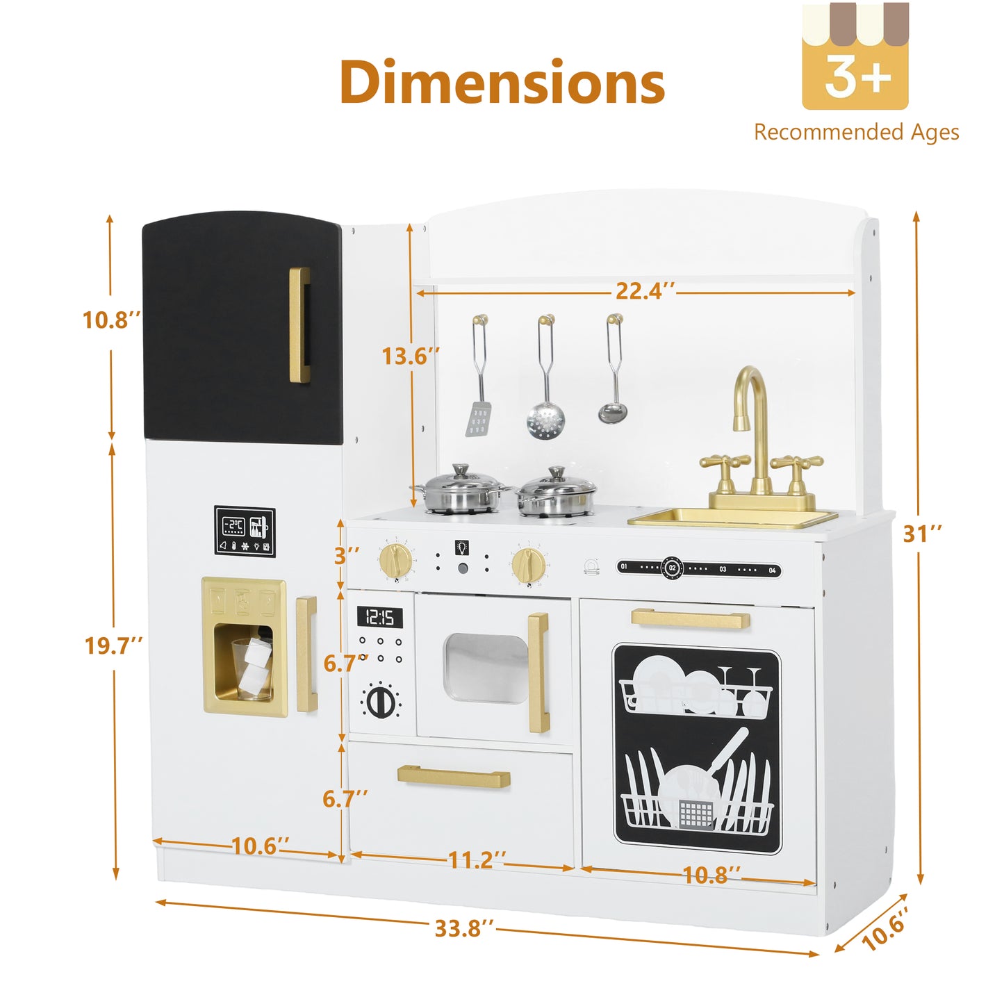 AILEEKISS Wood Kids Play Kitchen, Pretend Kitchen Playset for Children Age 3 Years up, White