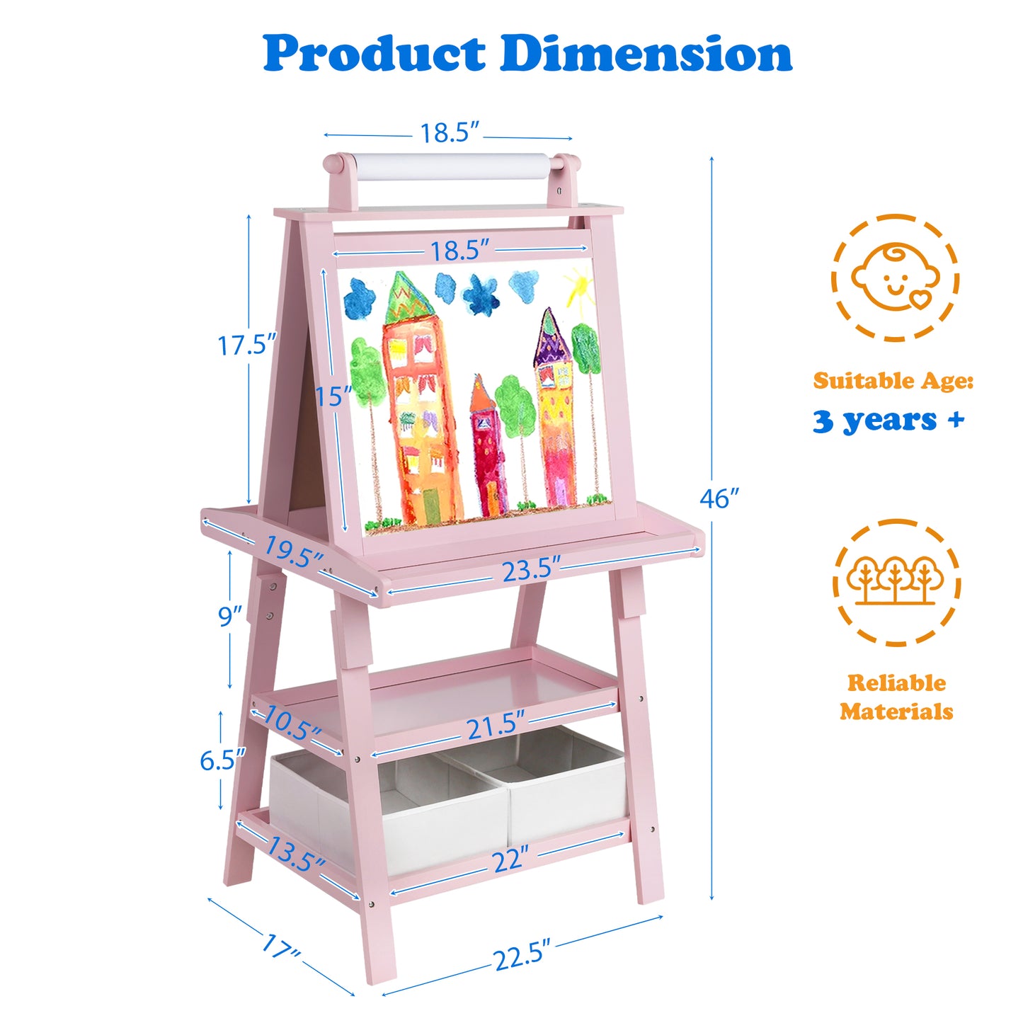 3 in 1 Kids Art Easel Double-Sided Magnetic Whiteboard Chalkboard Paper Roller, Pink