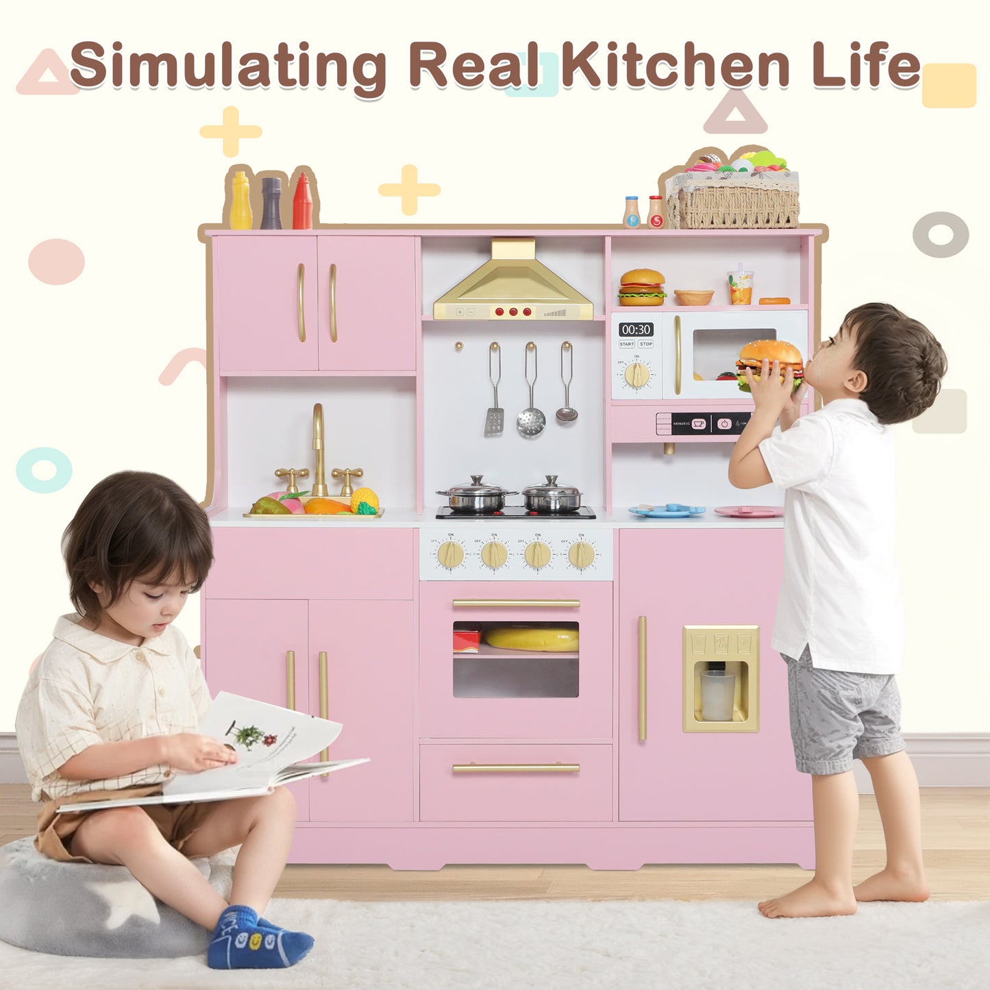 AILEEKISS Wood Kids Play Kitchen, Pretend Kitchen Playset for Children Age 3 Years up, Pink