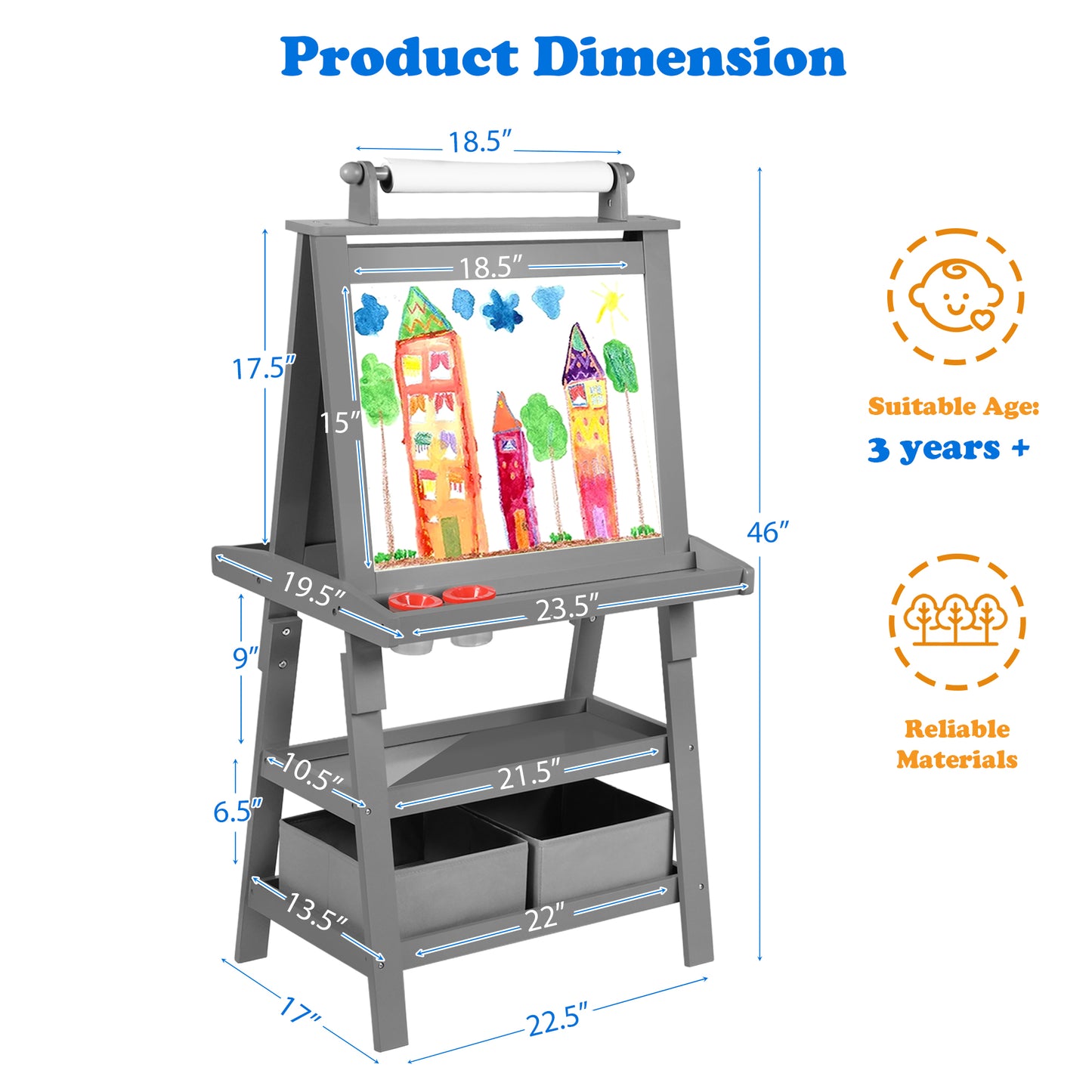 3 in 1 Kids Art Easel Double-Sided Magnetic Whiteboard Chalkboard Paper Roller, Grey