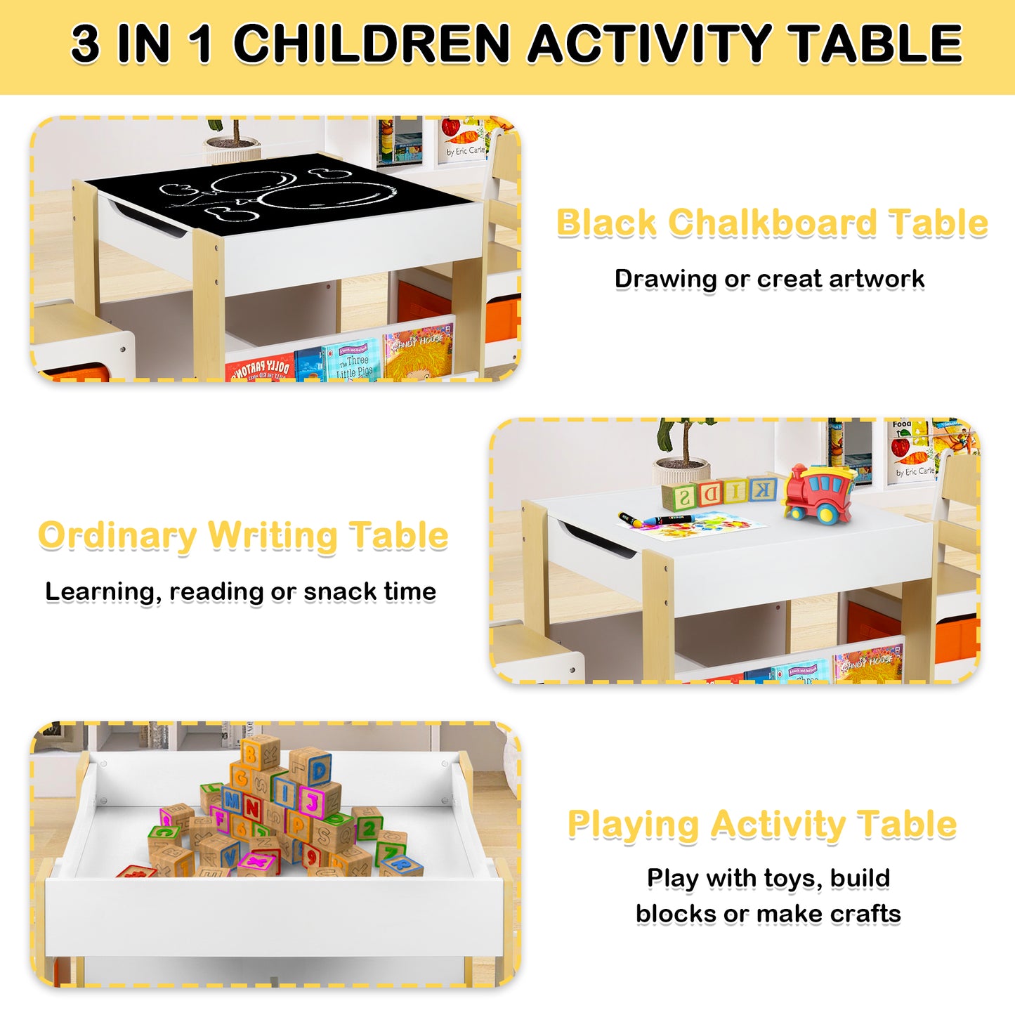 4 in 1 Kids Wood Table & 2 Chairs Set, Children Activity Table Toddler w/Storage, Natural