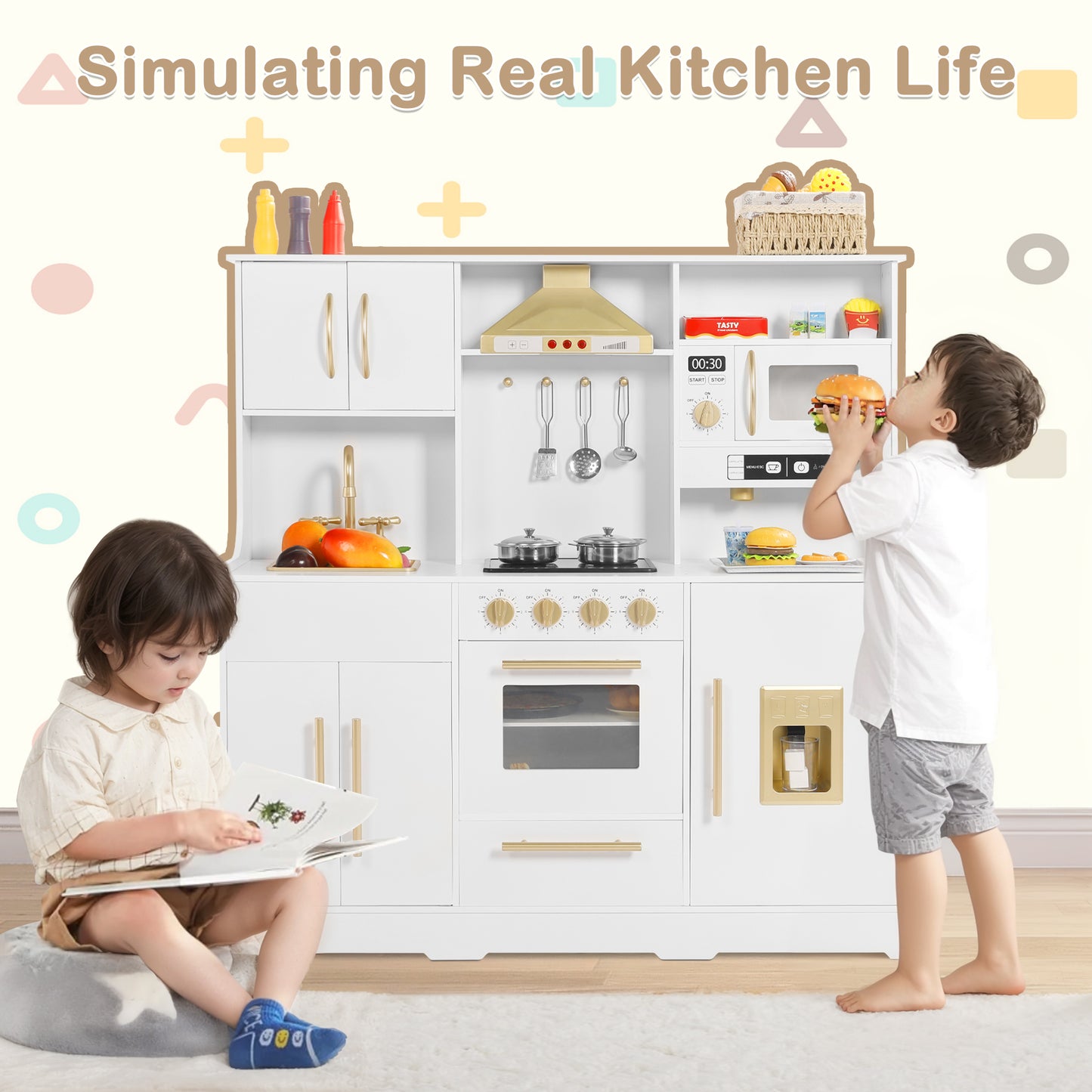 AILEEKISS Wood Kids Play Kitchen, Pretend Kitchen Playset for Children Age 3 Years up, White