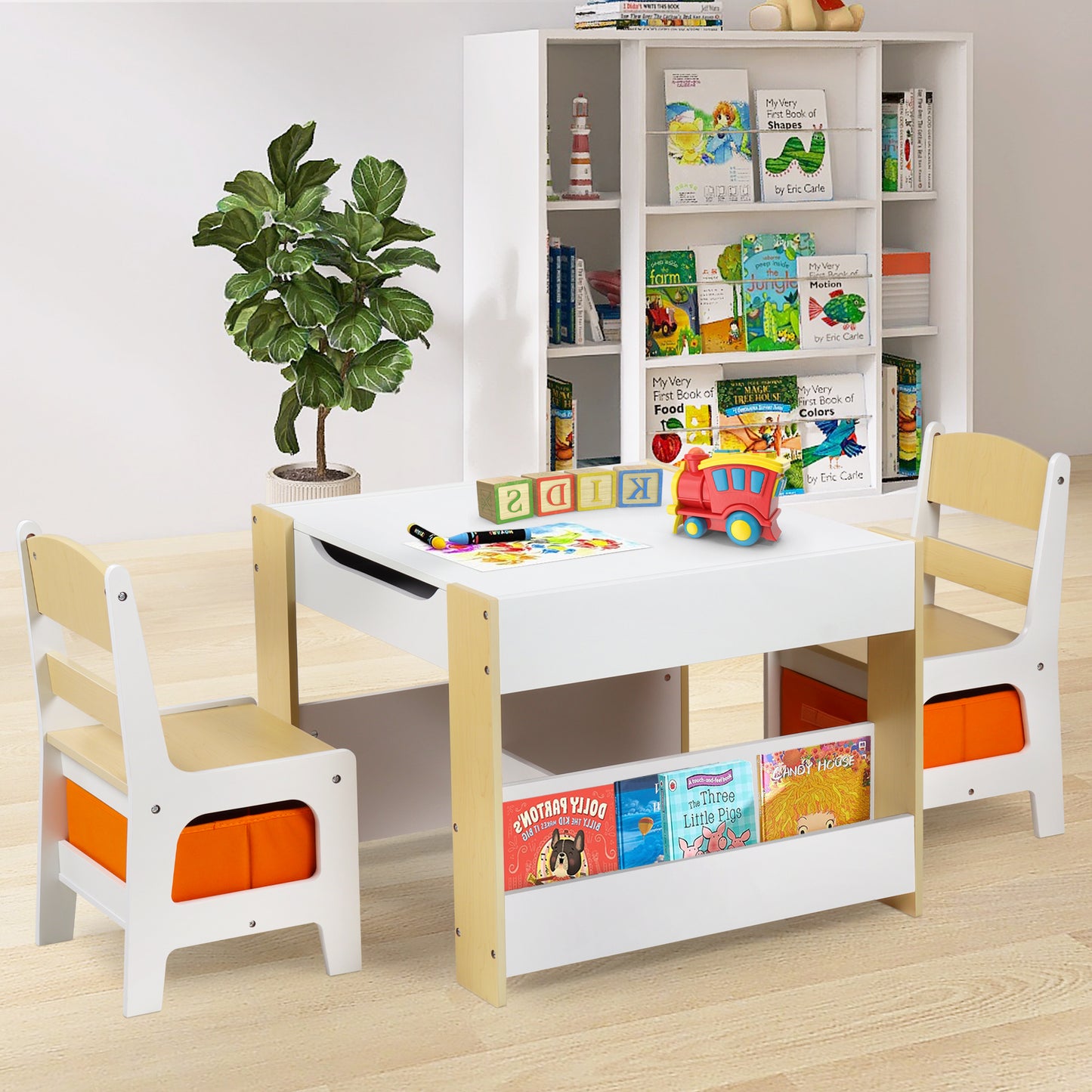 4 in 1 Kids Wood Table & 2 Chairs Set, Children Activity Table Toddler w/Storage, Natural