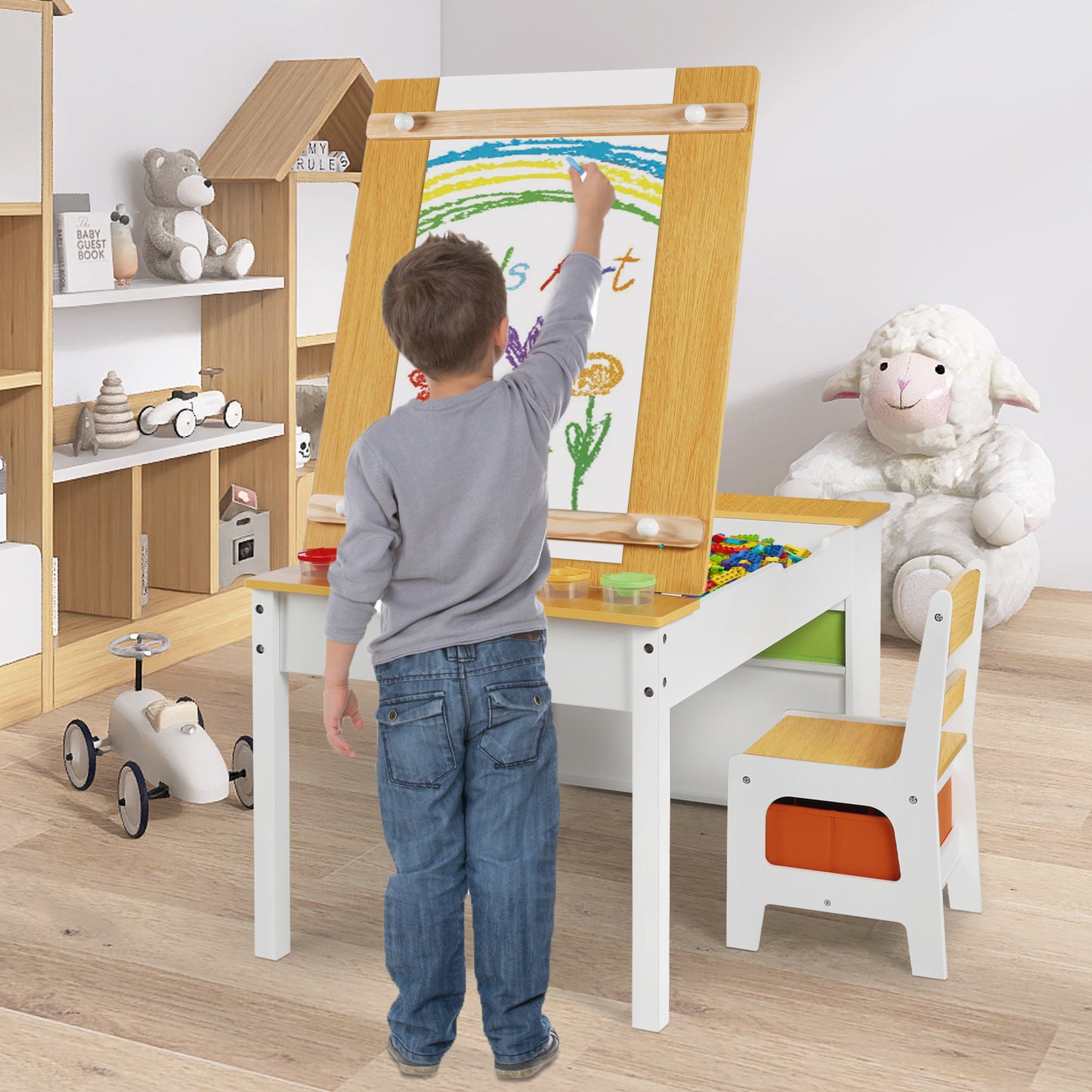 2 in 1 Kids Art Table and Chair Set, Toddler Art Easel & Craft Activity Desk w/ Paper Roll, Natural
