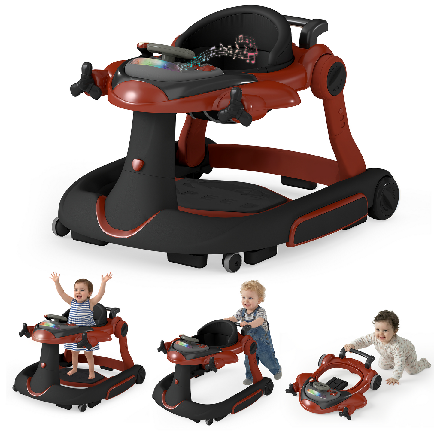 LINLUX 5 in 1 Foldable Baby Walker 3 Heights, Toddler Activity Walker w/Music & Lights, Red