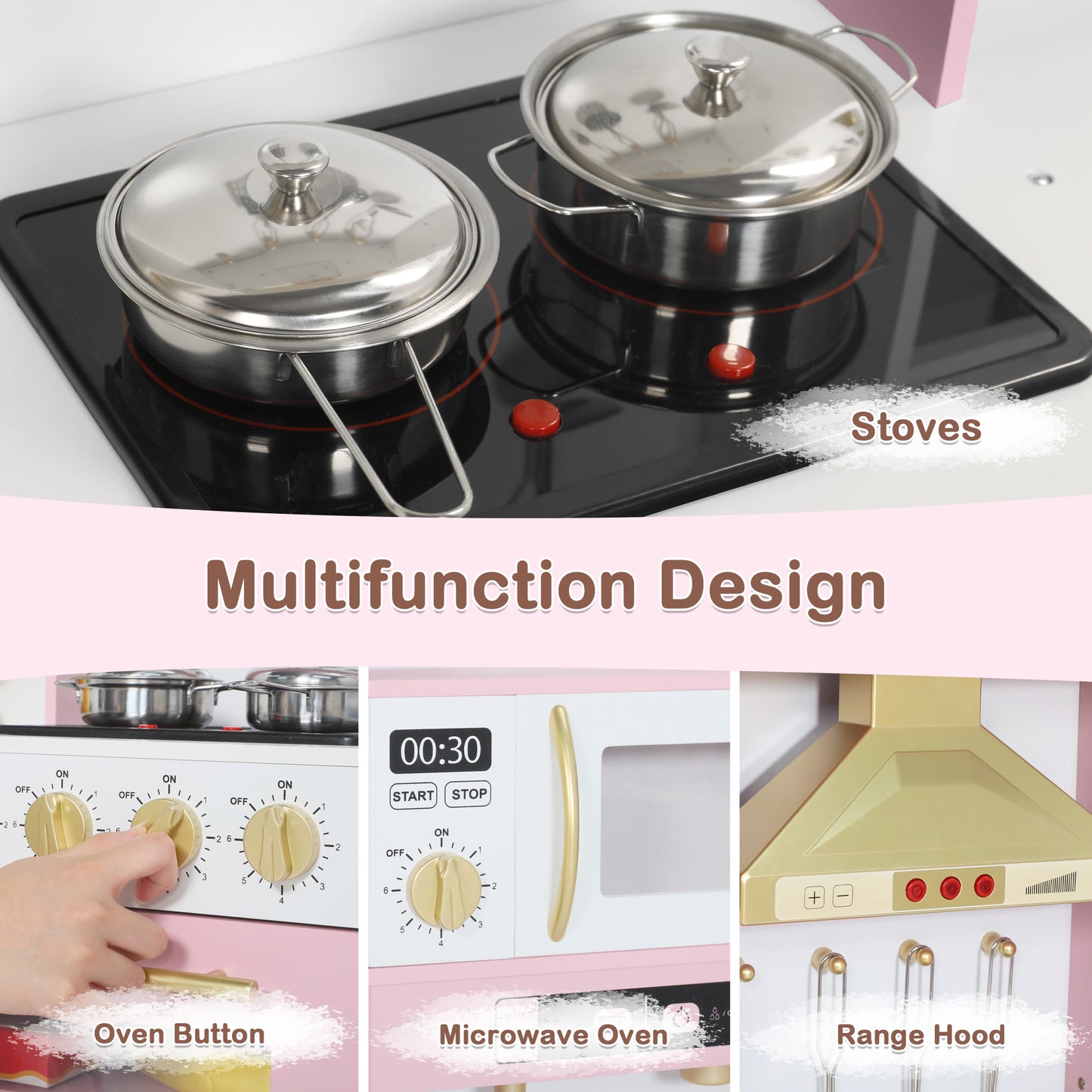 AILEEKISS Wood Kids Play Kitchen, Pretend Kitchen Playset for Children Age 3 Years up, Pink
