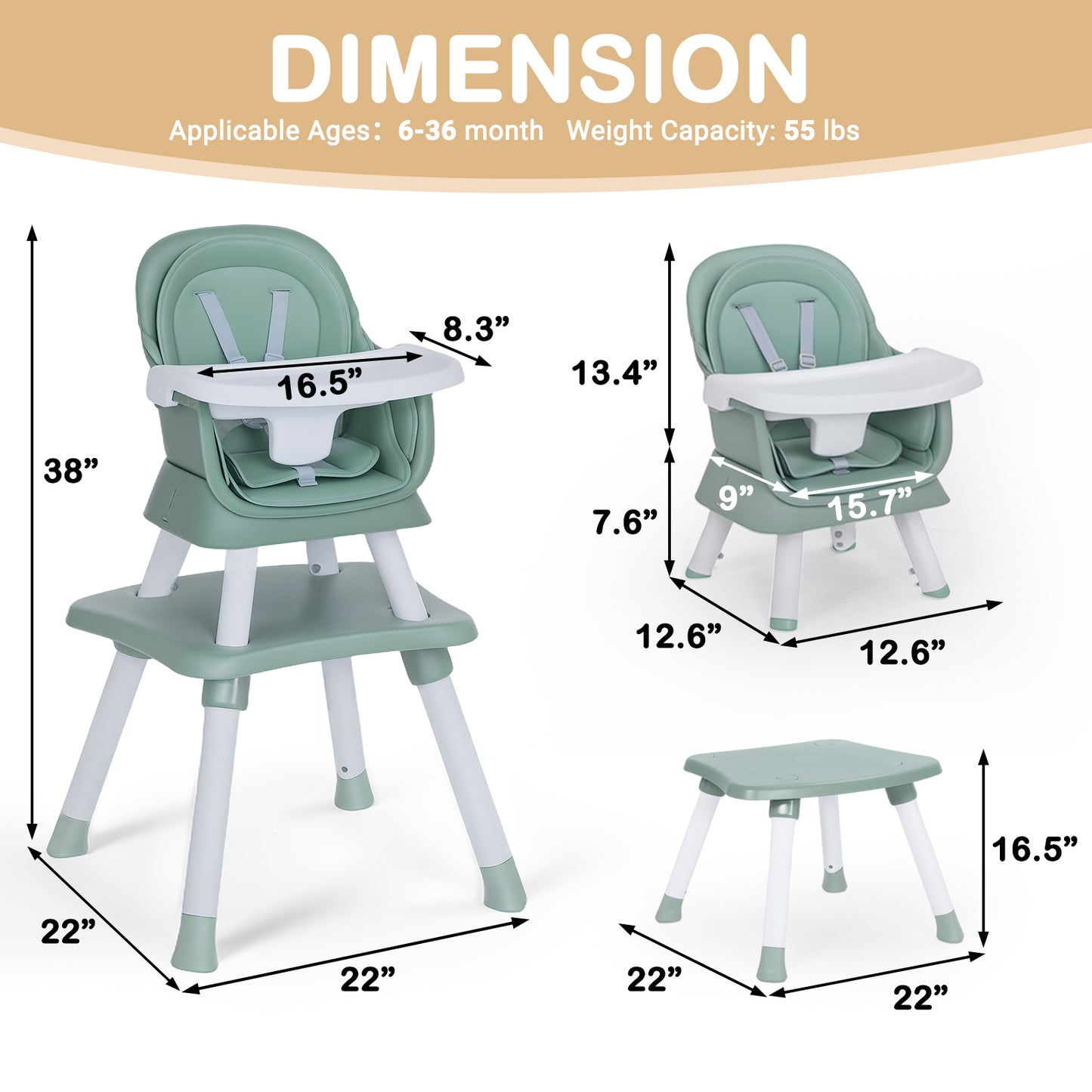 AILEEKISS 8 in 1 Baby High Chair, Toddler Dining Booster Seat for Eating, Green