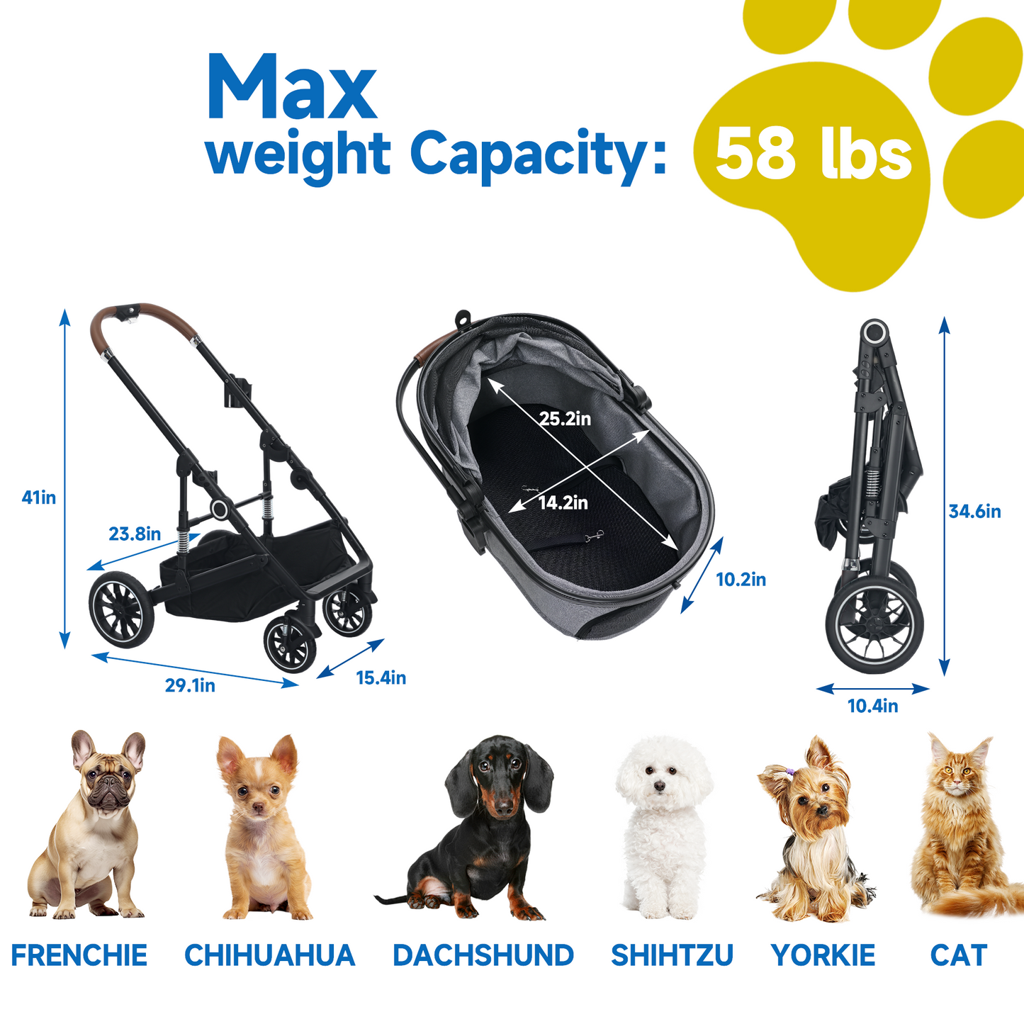 AILEEKISS 4-Wheeled Pet Stroller, Folding Cat and Dog Stroller with Brake, up to 58 lbs, Grey