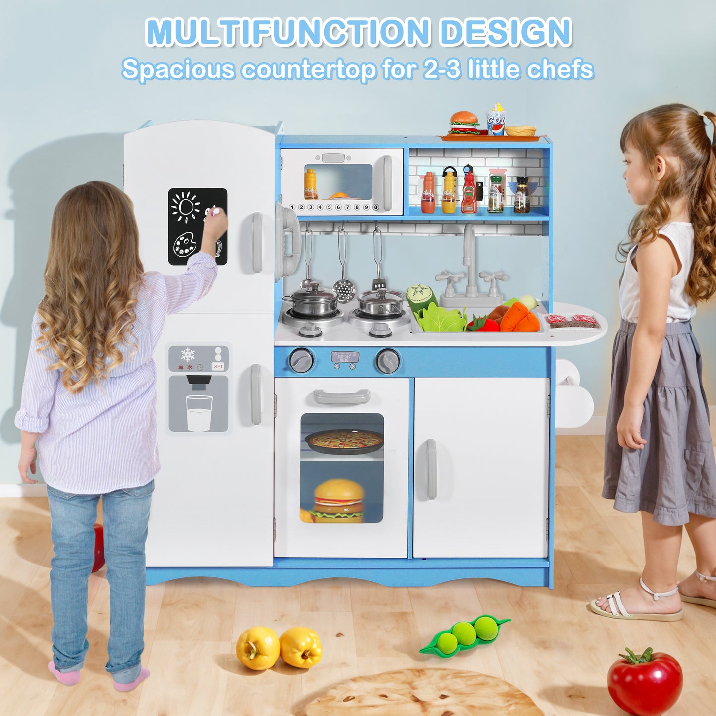 AILEEKISS Kids Play Kitchen Set, Wood Kitchen Playset for Toddler with Accessories, Blue