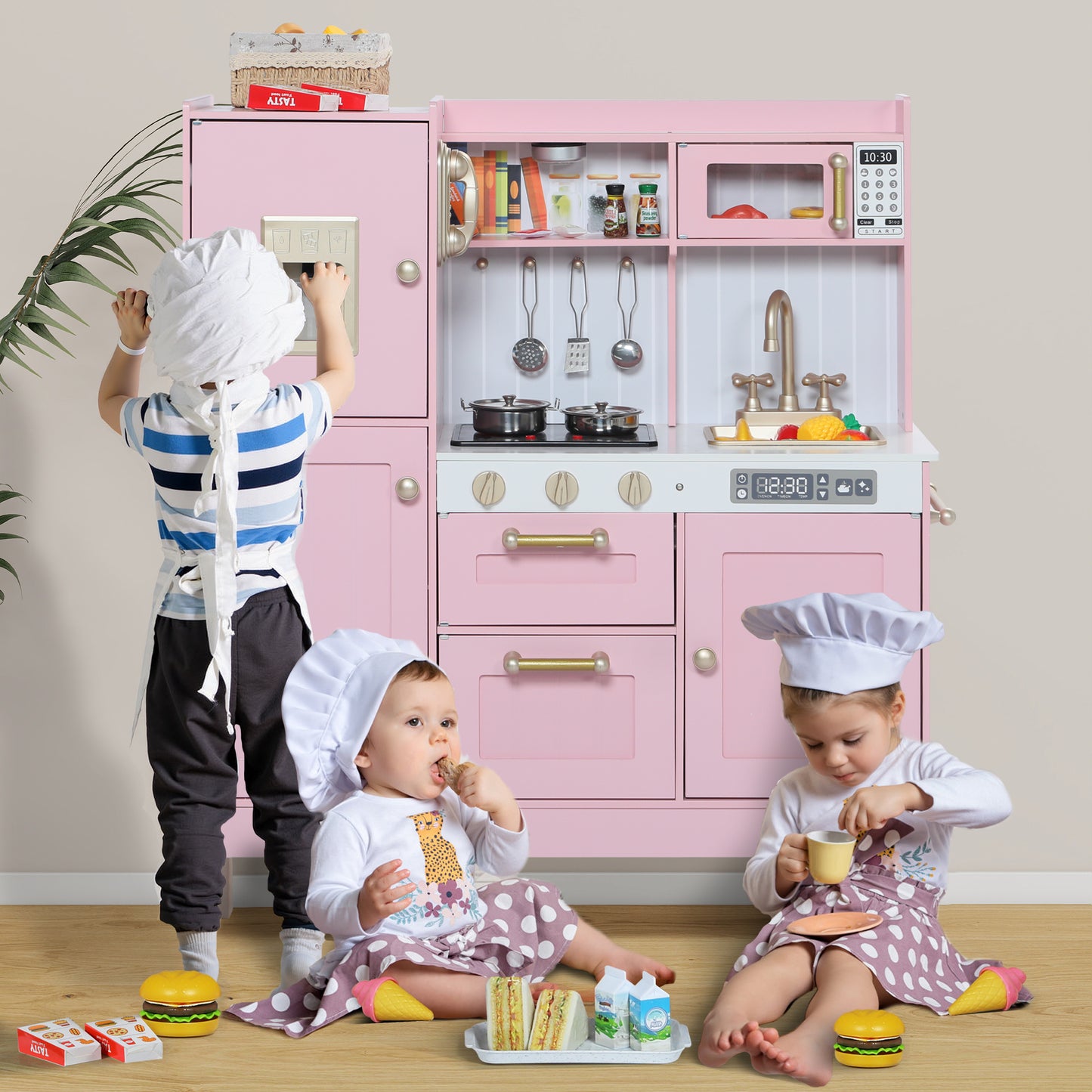 AILEEKISS Wood Kids Play Kitchen, Pretend Toy Kitchen Playset for Children with Sounds, Pink