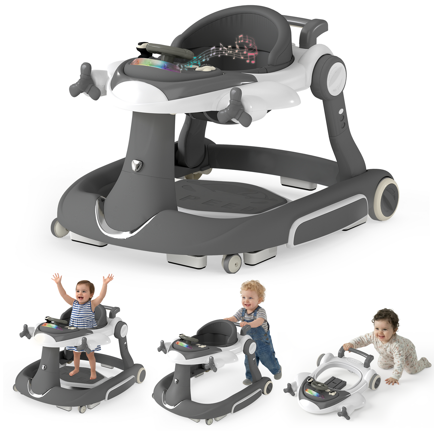 LINLUX 5 in 1 Foldable Baby Walker 3 Heights, Toddler Activity Walker w/Music & Lights, Gray