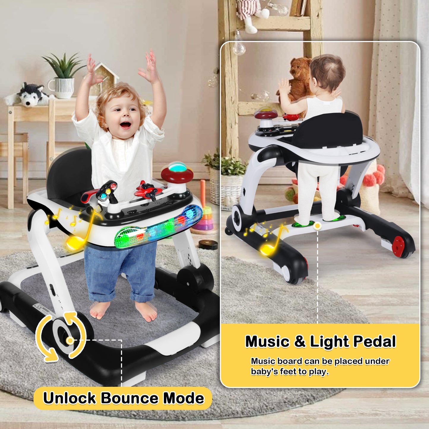 AILEEKISS Baby Walker Activity Center, 5 in 1 Toddler Push Walker Bouncer Combo for Boys Girls, Black