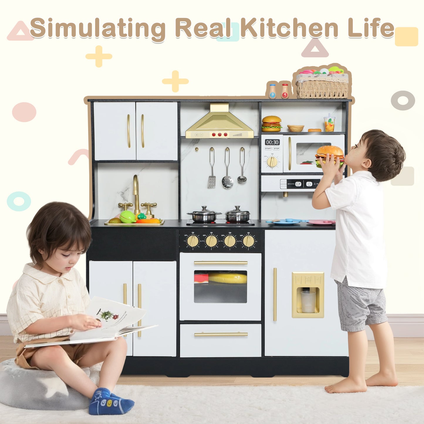 AILEEKISS Wood Kids Play Kitchen, Pretend Kitchen Playset for Children Age 3 Years up, Black