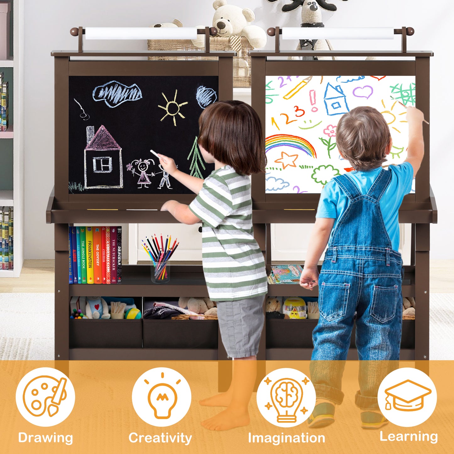 LINLUX 3 in 1 Kids Art Easel Drawing Board Double-Sided Whiteboard Chalkboard, Coffee