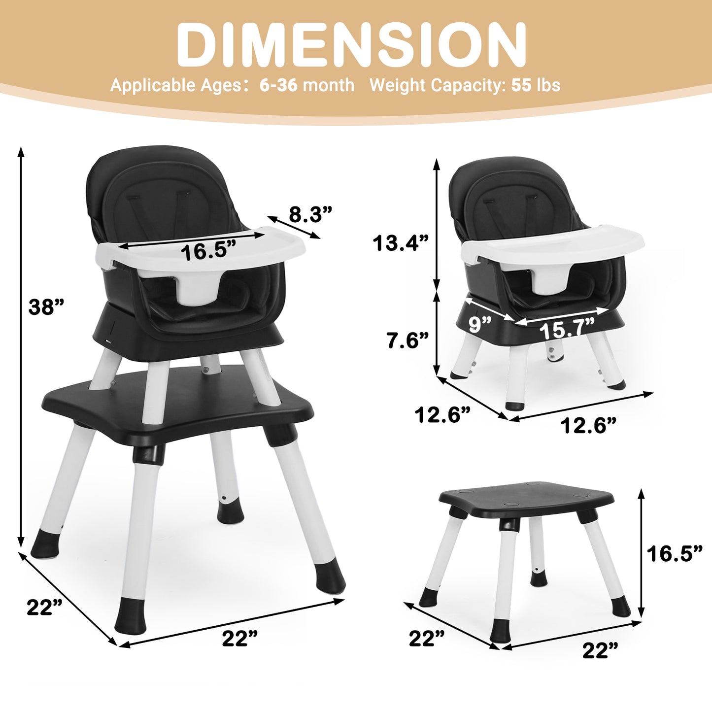 AILEEKISS 8 in 1 Baby High Chair, Toddler Dining Booster Seat for Eating, Black