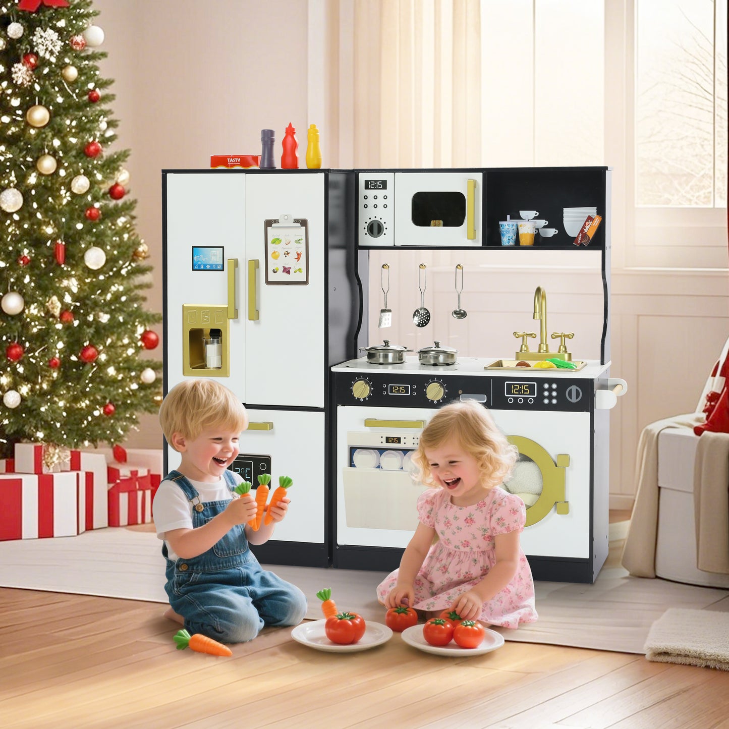 AILEEKISS Wood Kids Play Kitchen, Pretend Kitchen Playset for Children Age 3 Years up, Black