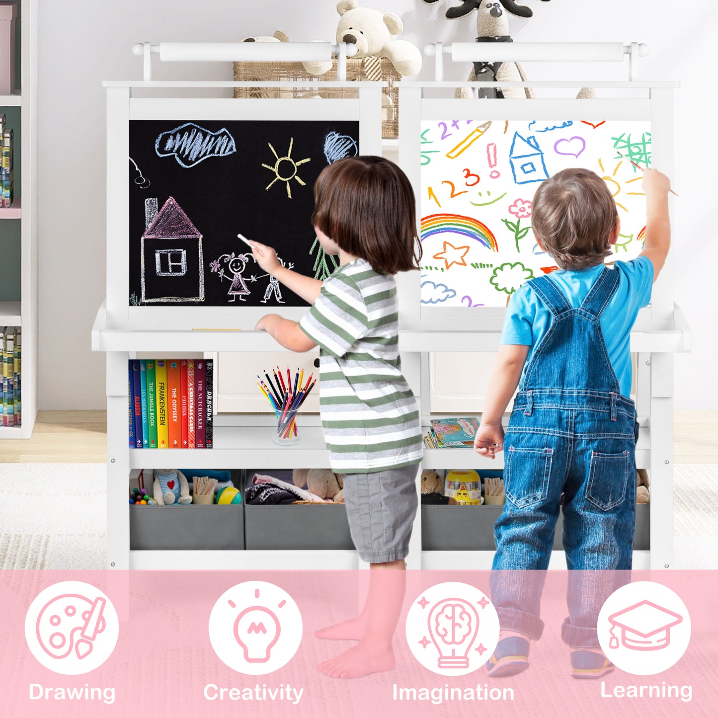 LINLUX 3 in 1 Kids Art Easel Drawing Board Double-Sided Whiteboard Chalkboard, White