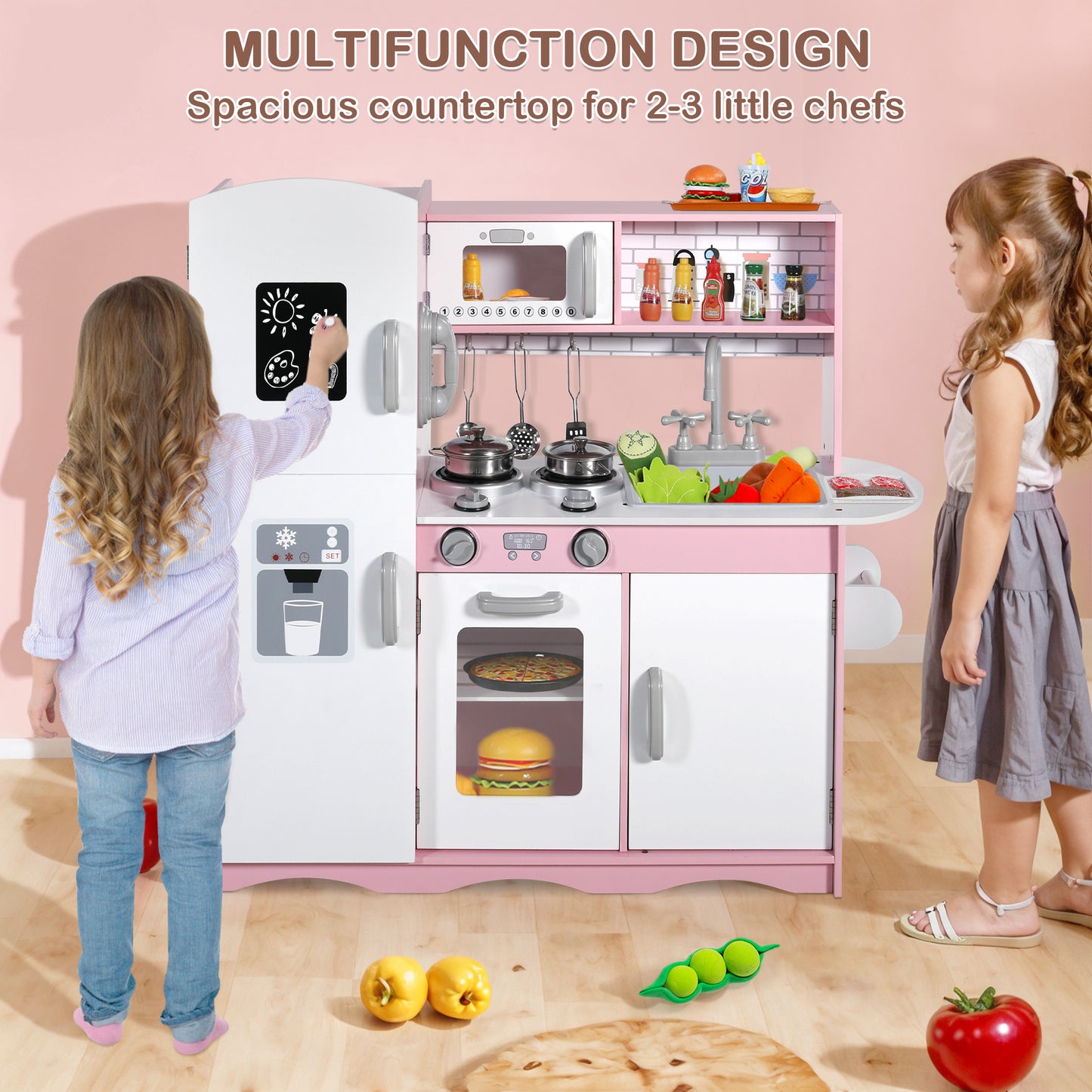 AILEEKISS Kids Play Kitchen Set, Wood Kitchen Playset for Toddler with Accessories, Pink