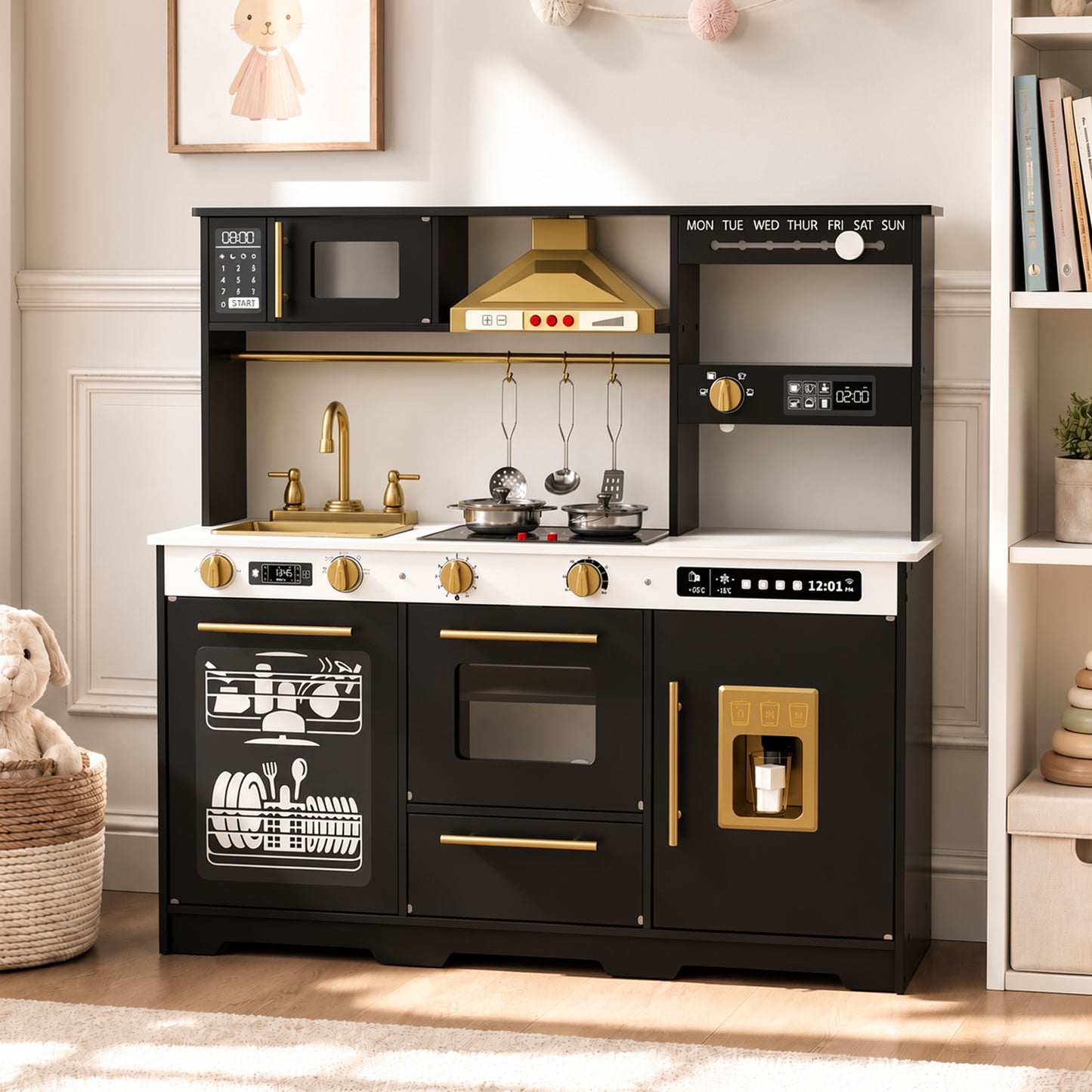 LINLUX Wooden Kids Kitchen Playset, Interactive Kitchen Toy with Sounds, Ice Maker & Oven, Black