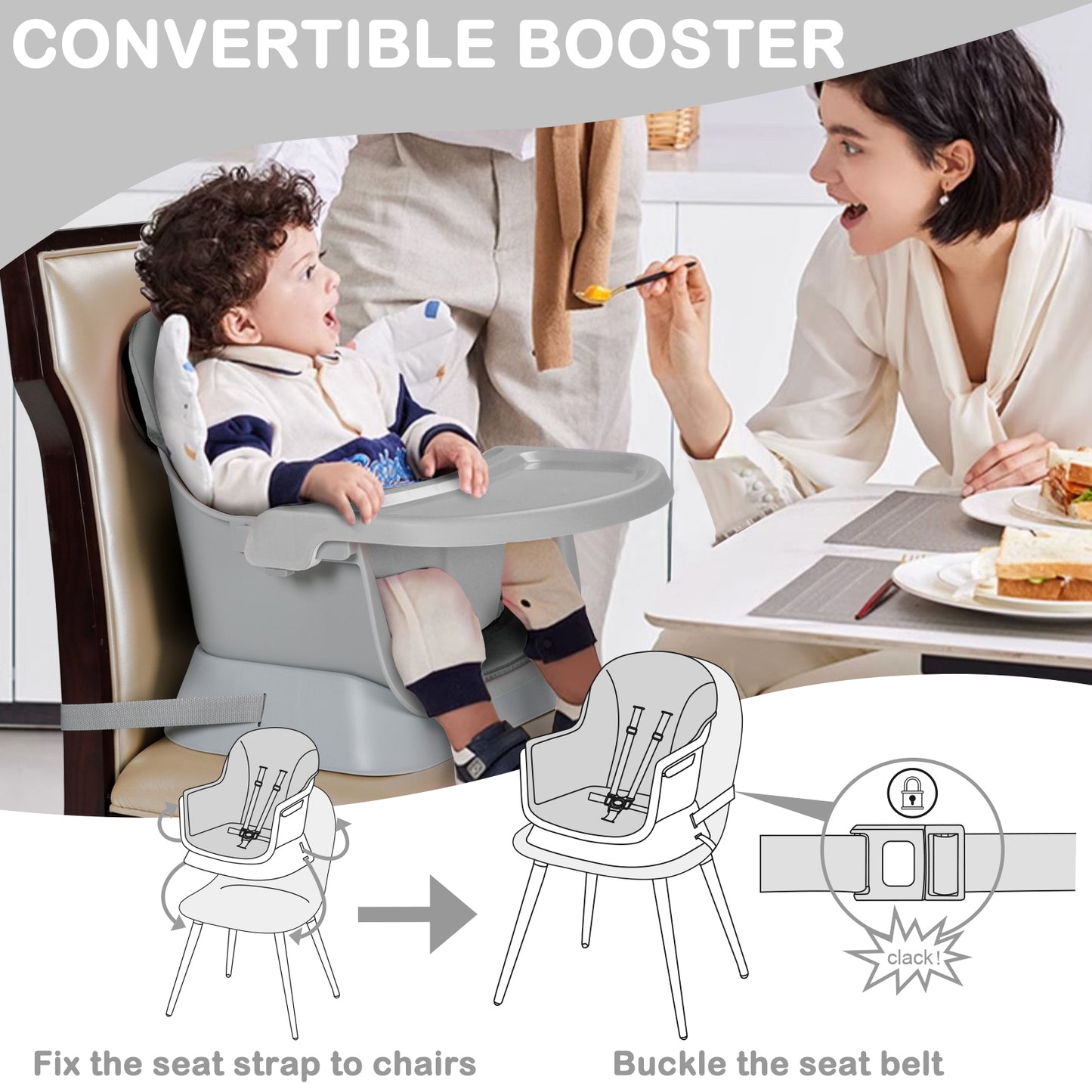 8 in 1 Baby High Chair, Toddler Dining Booster Seat for Eating, Light grey