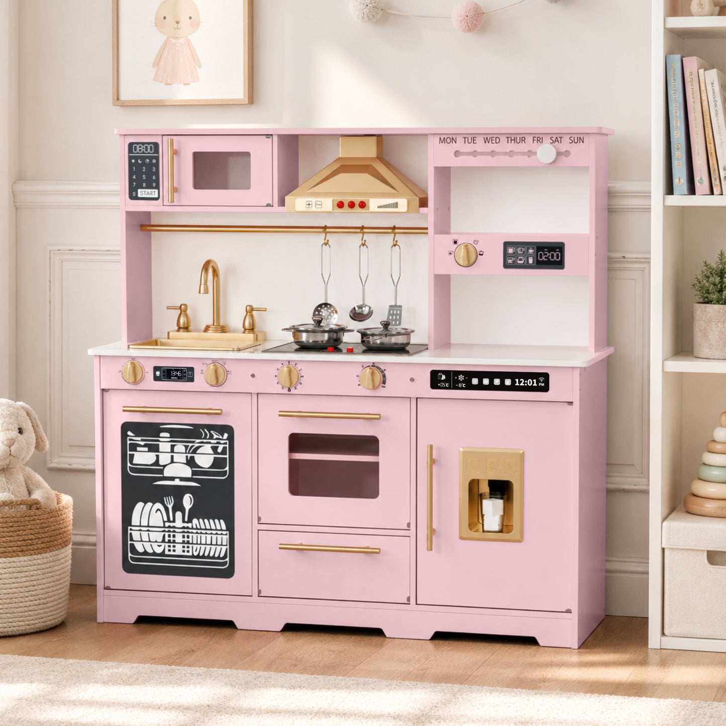 LINLUX Wooden Kids Kitchen Playset, Interactive Kitchen Toy with Sounds, Ice Maker & Oven, Pink