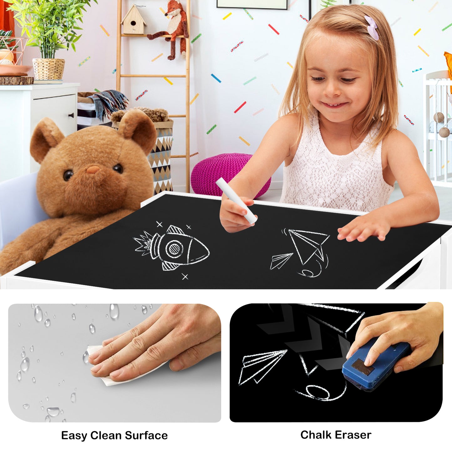 LINLUX Kids Table and 2 Chairs Set, Children Activity Table Chairs with Chalkboard/Whiteboard, Grey