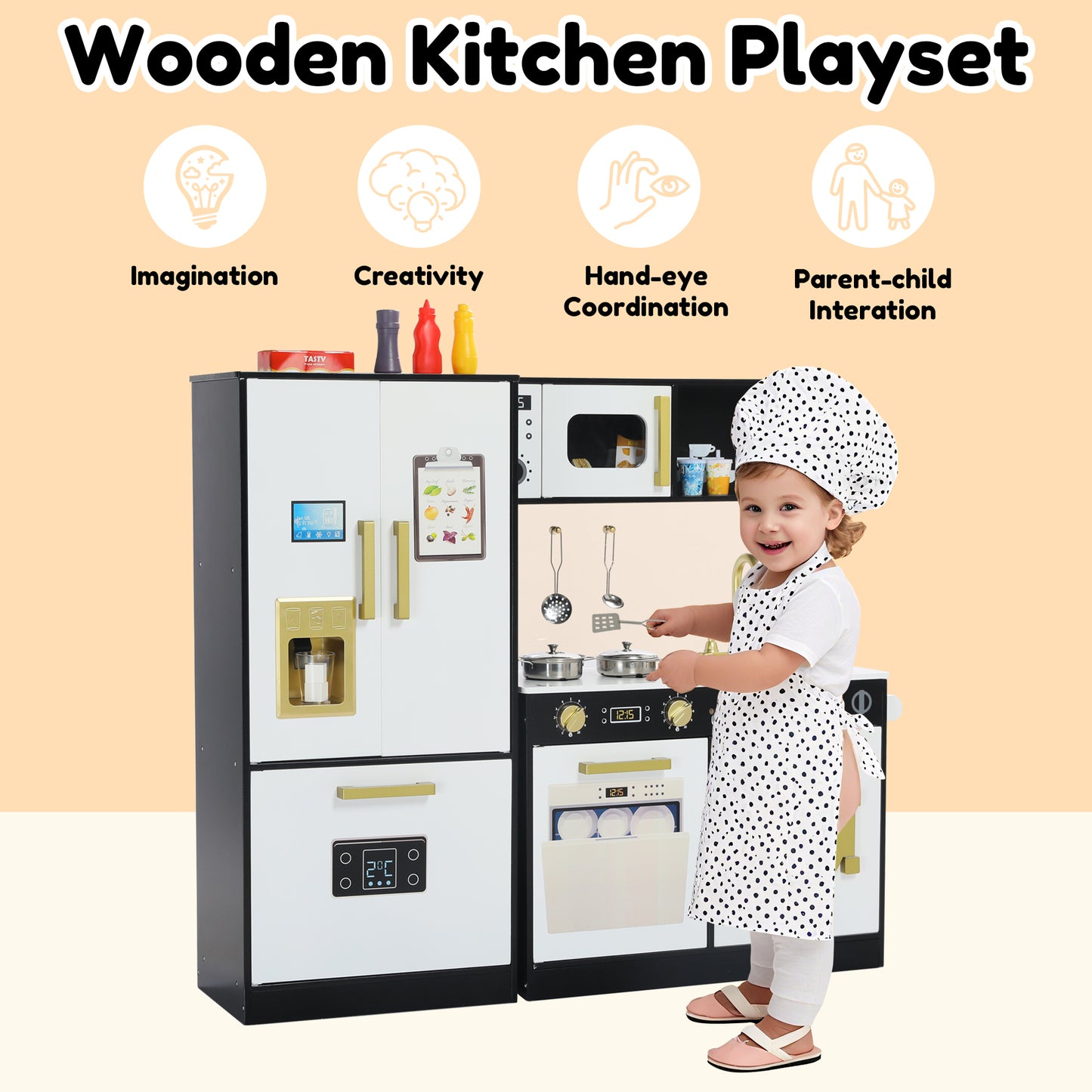 AILEEKISS Wood Kids Play Kitchen, Pretend Kitchen Playset for Children Age 3 Years up, Black