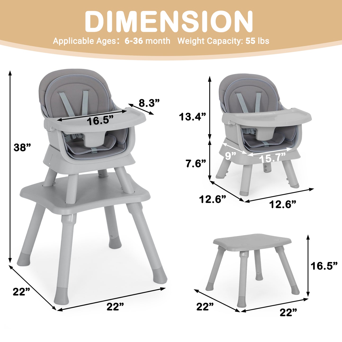 AILEEKISS 8 in 1 Baby High Chair, Toddler Dining Booster Seat for Eating, Light grey