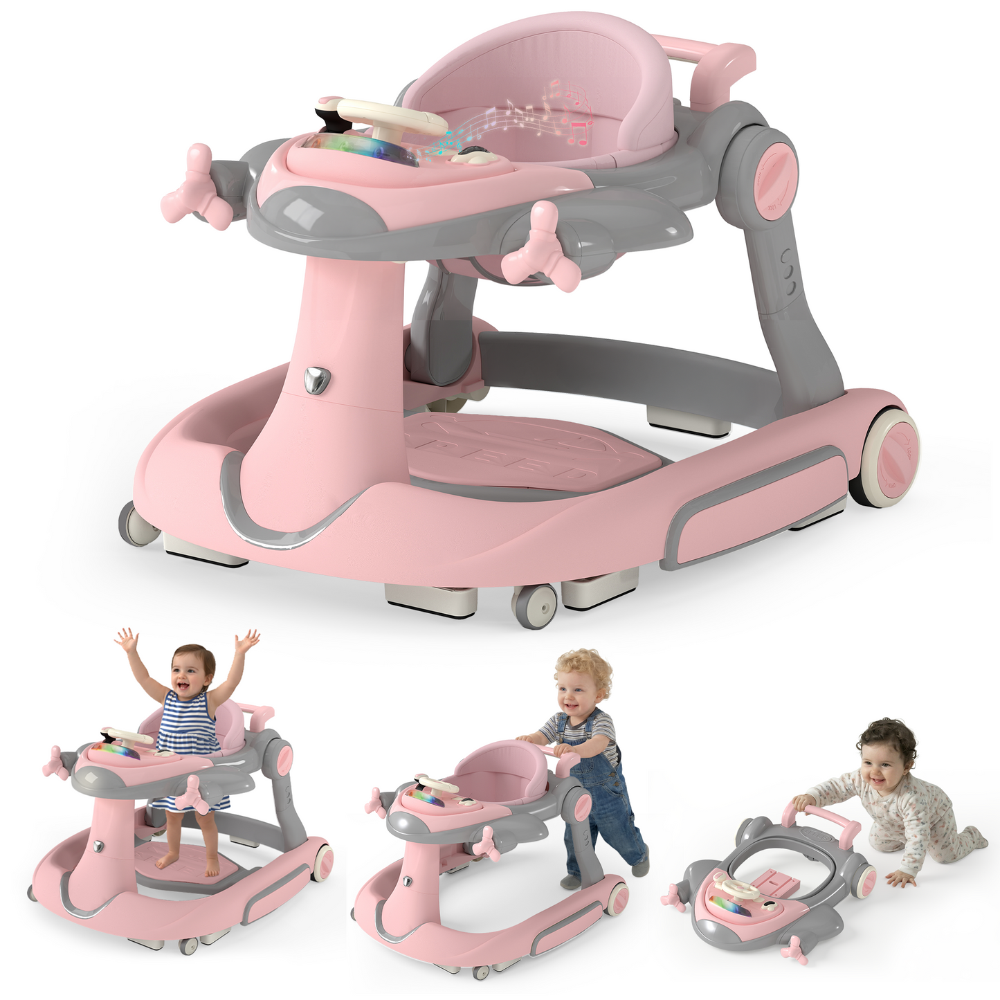 LINLUX 5 in 1 Foldable Baby Walker 3 Heights, Toddler Activity Walker w/Music & Lights, Pink