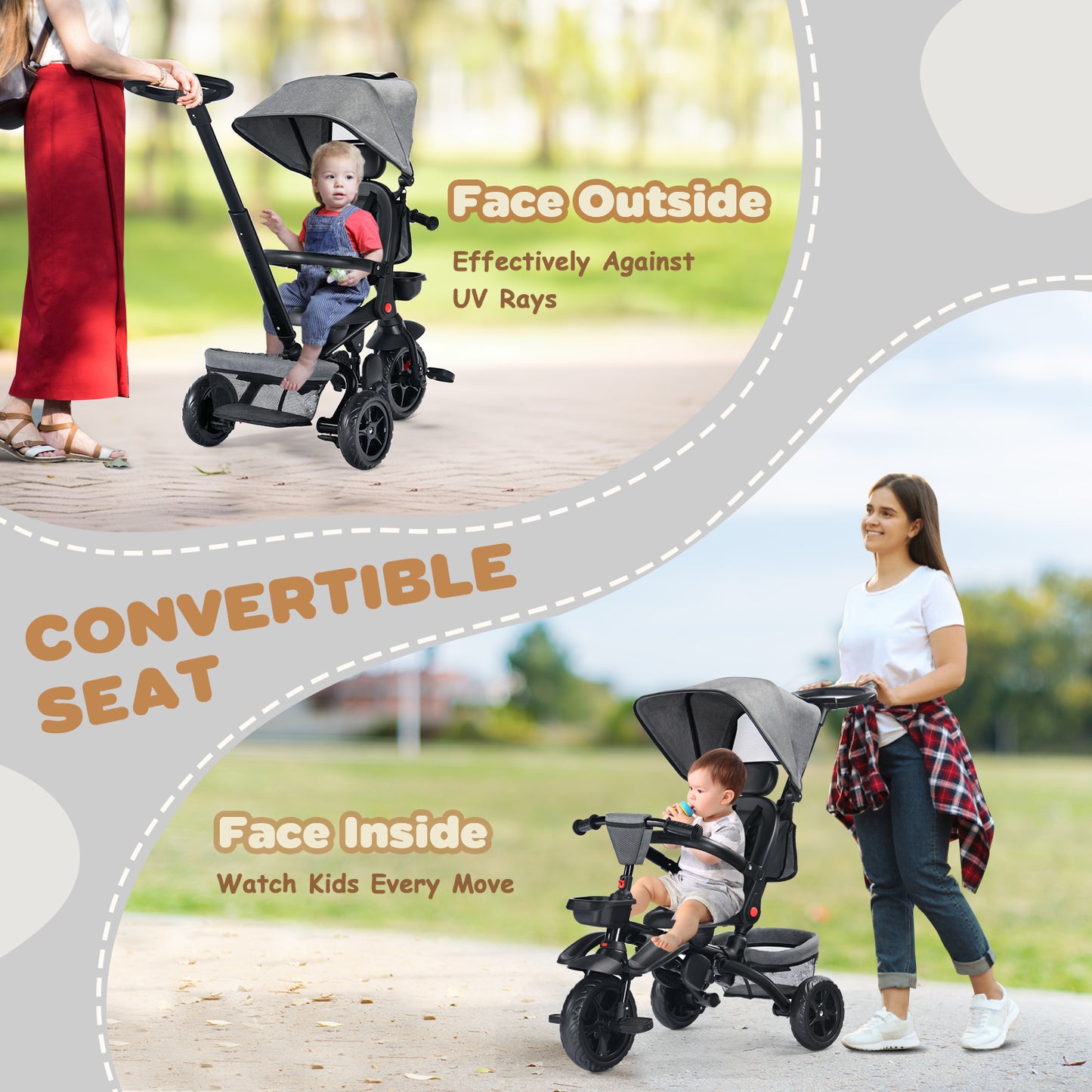 AILEEKISS Folding Kids' Tricycle, 8 IN 1 Baby Trike W/Removable Canpoy&Parental Push Rod, Toddler Bike Stroller for Kids 1-5 Years, Grey