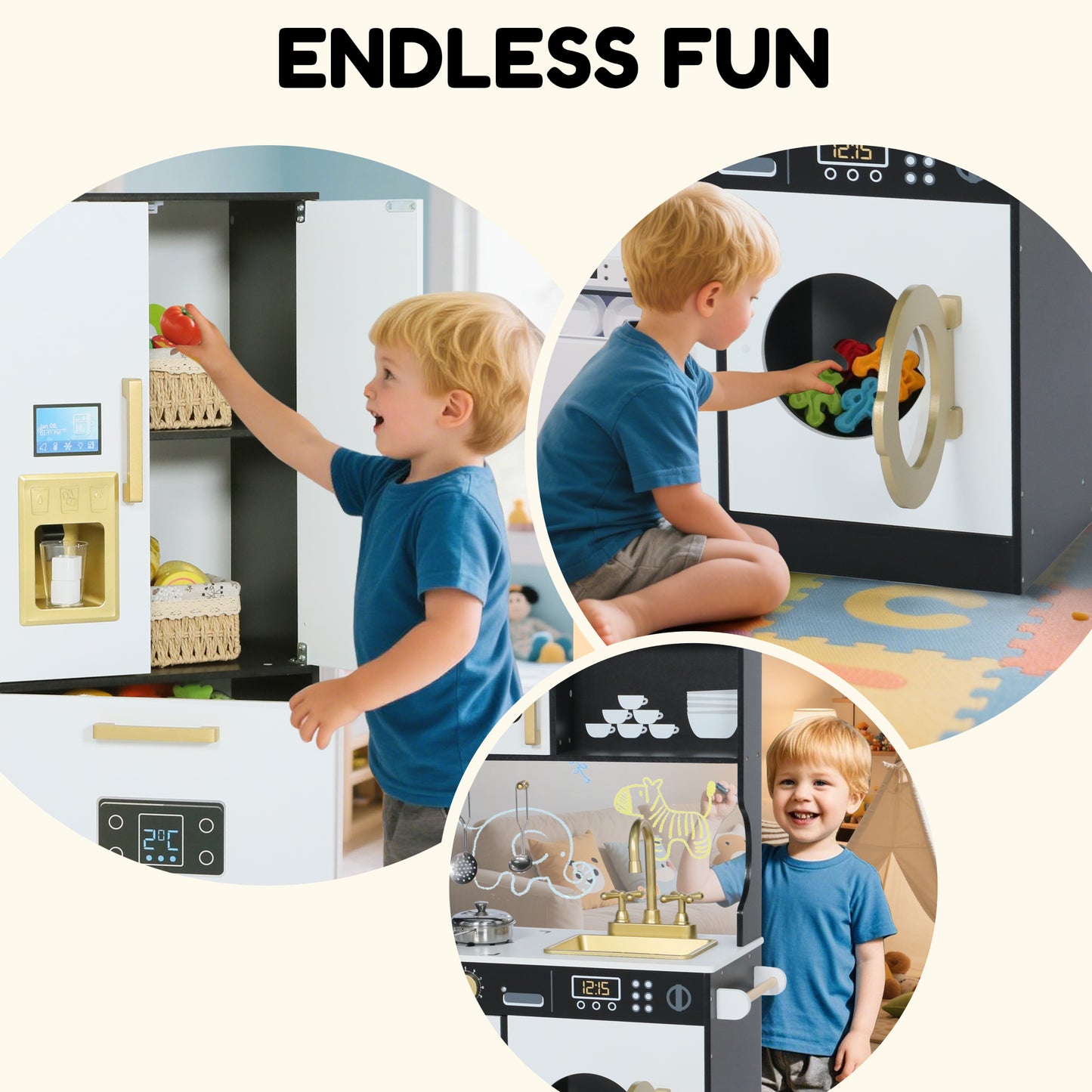 AILEEKISS Wood Kids Play Kitchen, Pretend Kitchen Playset for Children Age 3 Years up, Black