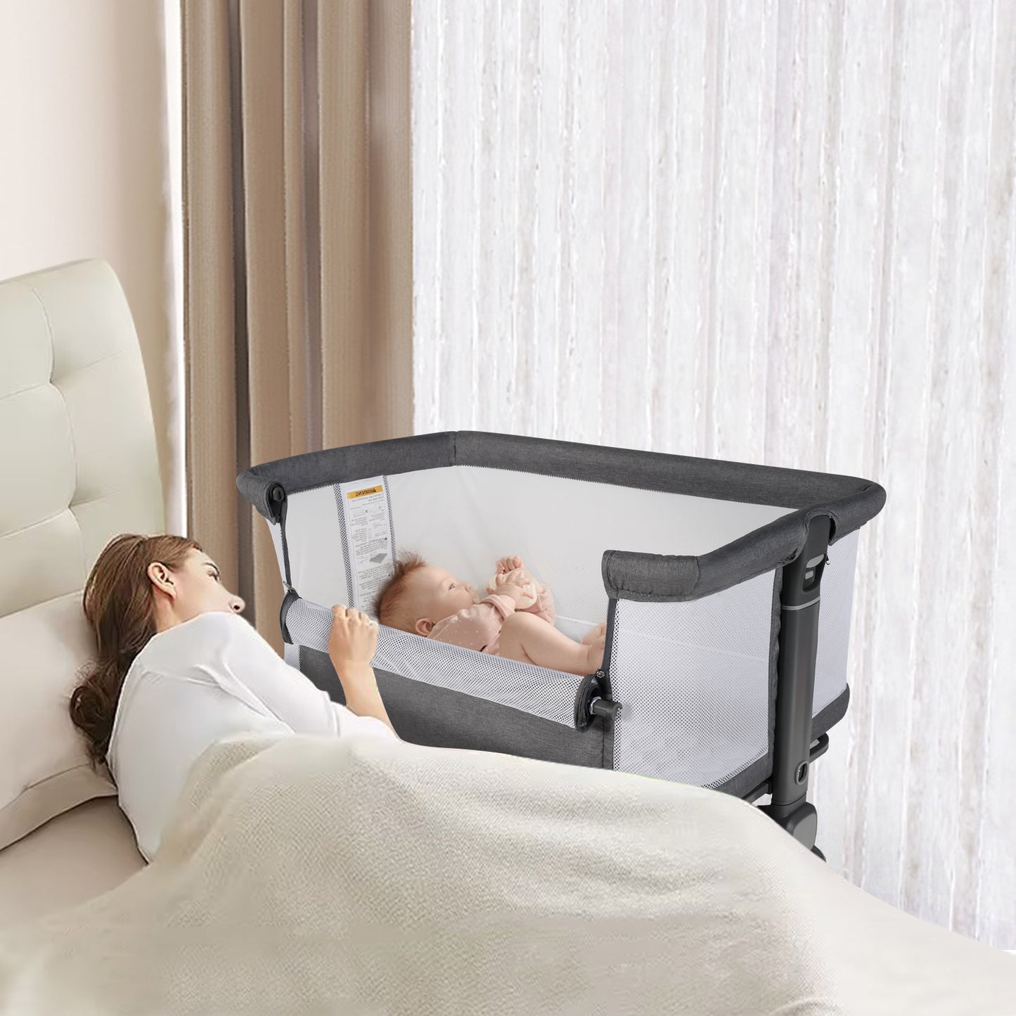 Baby Bassinet Bedside Sleeper with Wheels, Newborn Baby Cribs w/Storage Basket, Grey