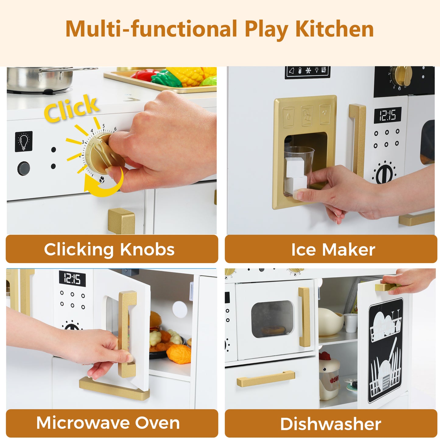 AILEEKISS Wood Kids Play Kitchen, Pretend Kitchen Playset for Children Age 3 Years up, White