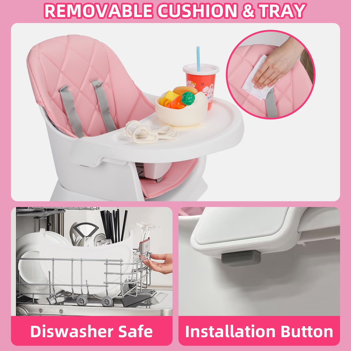 AILEEKISS 15 in 1 Baby High Chair, Toddler Dining Booster Seat w/Activity Center, Pink