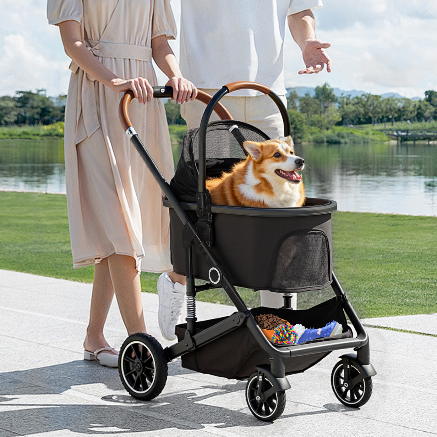 AILEEKISS 4-Wheeled Pet Stroller, Folding Cat and Dog Stroller with Brake, Up to 58 LBS, Black